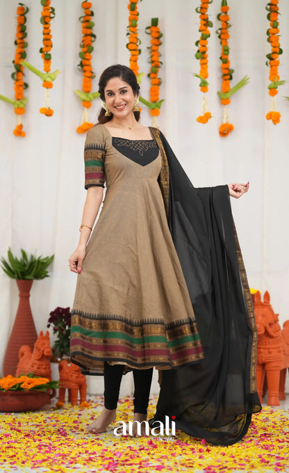 Chettinad Cotton Anarkali - Light greyish Brown and Black Anarkalis