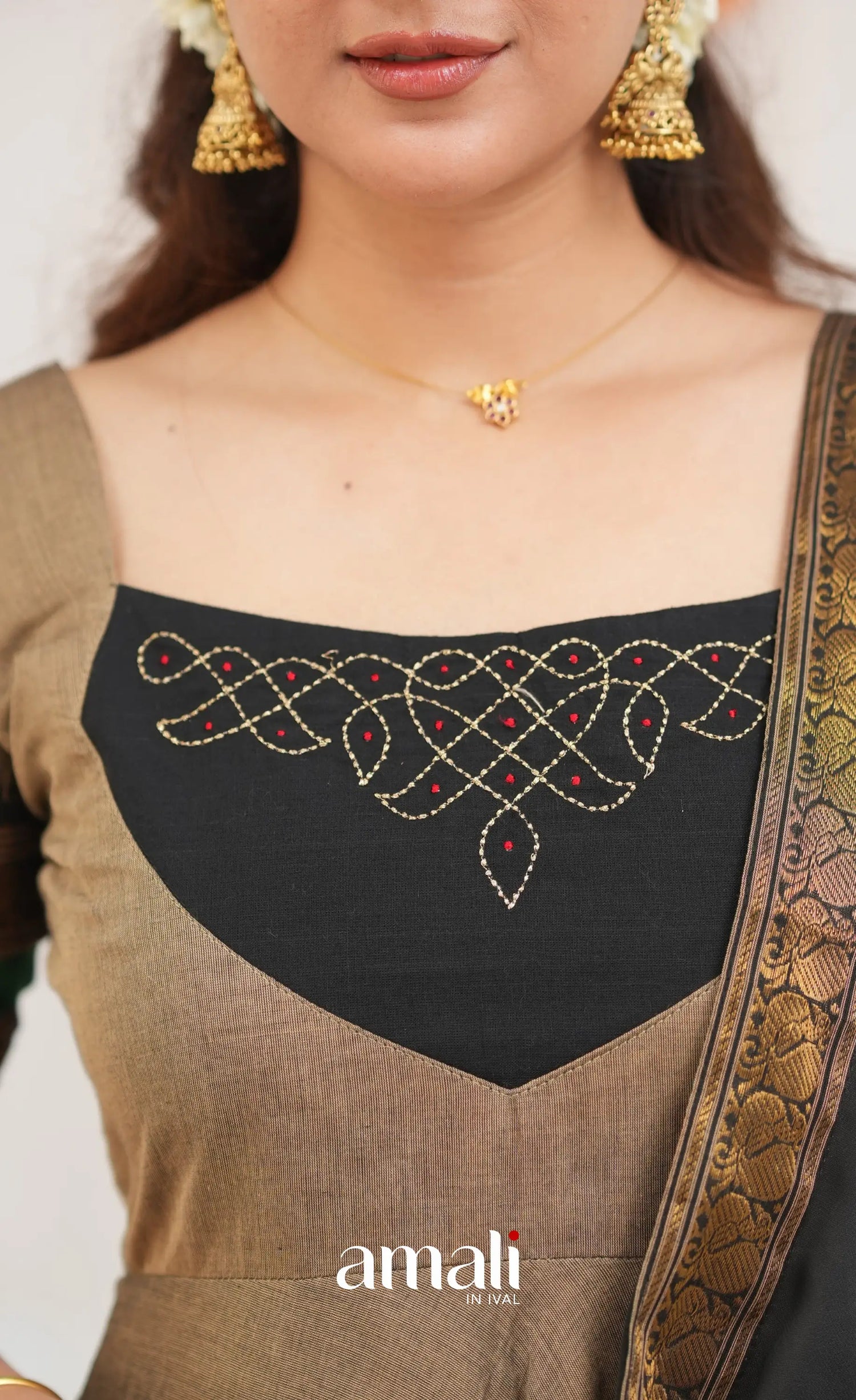 Chettinad Cotton Anarkali - Light greyish Brown and Black Anarkalis