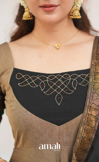 Chettinad Cotton Anarkali - Light greyish Brown and Black Anarkalis