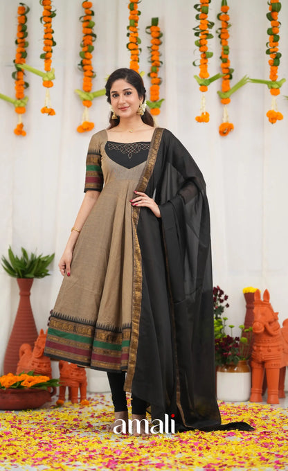 Chettinad Cotton Anarkali - Light greyish Brown and Black Anarkalis