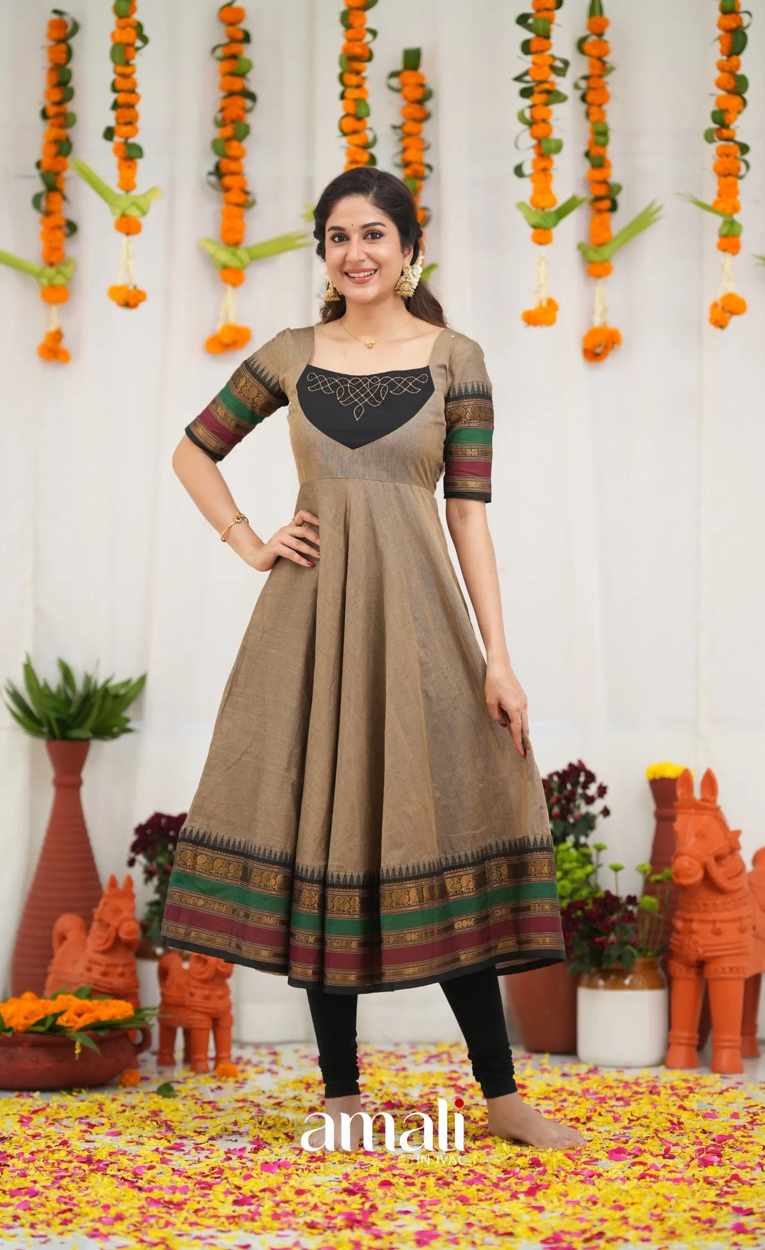 Chettinad Cotton Anarkali - Light greyish Brown and Black Anarkalis
