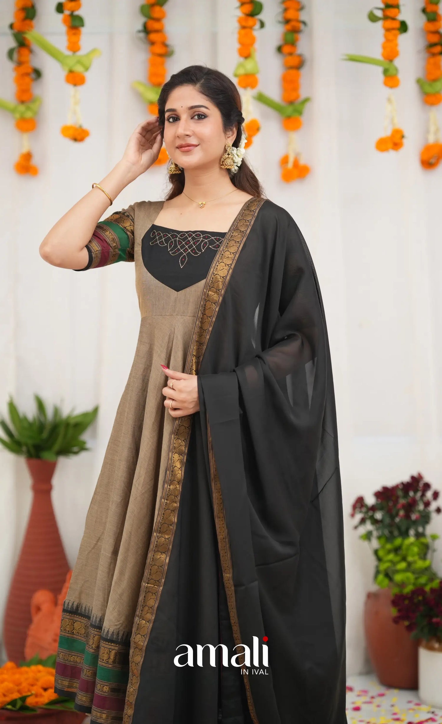 Chettinad Cotton Anarkali - Light greyish Brown and Black Anarkalis