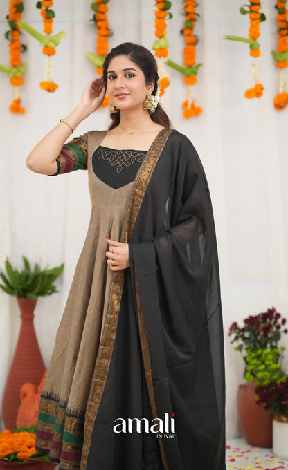 Chettinad Cotton Anarkali - Light greyish Brown and Black Anarkalis