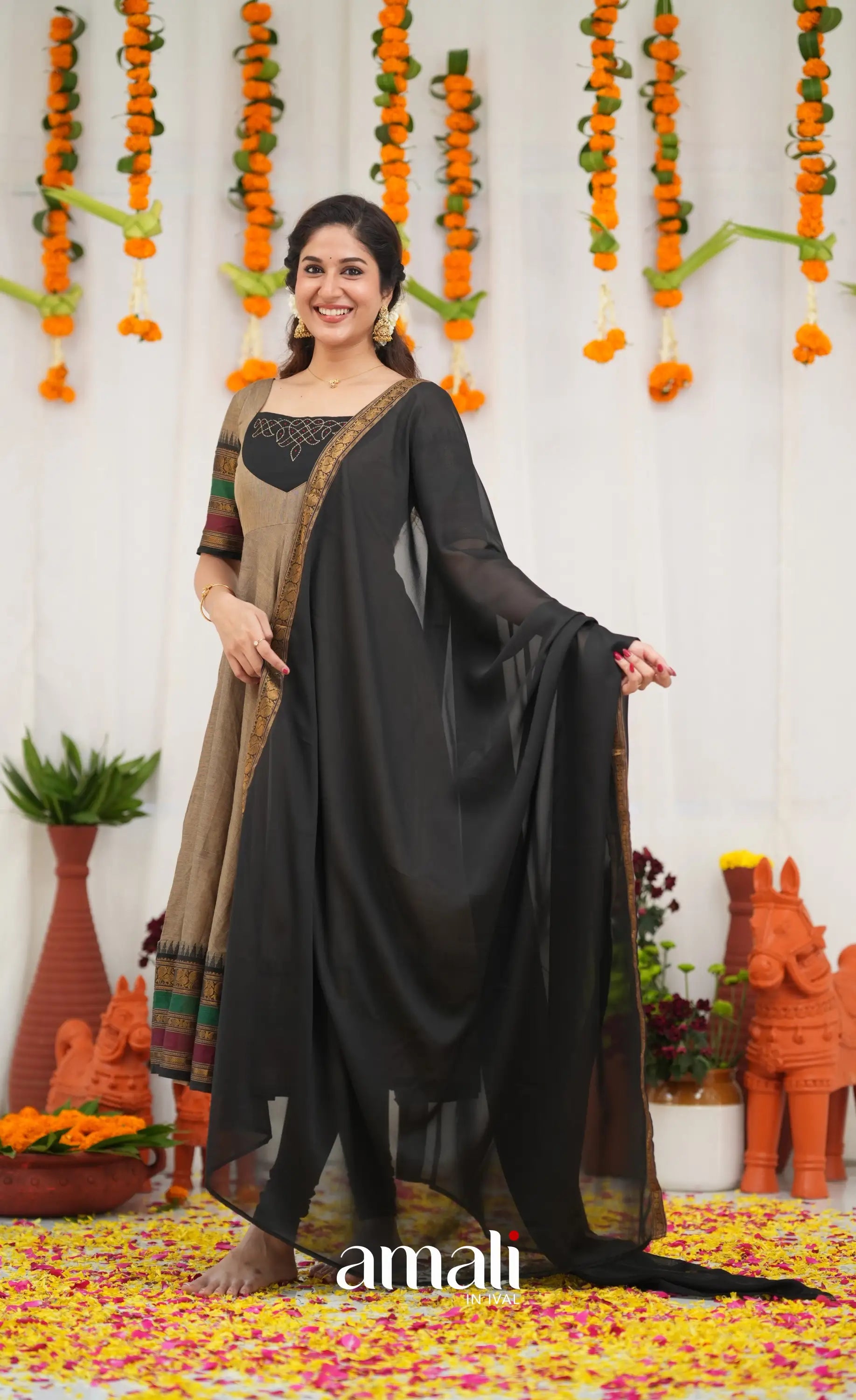Chettinad Cotton Anarkali - Light greyish Brown and Black Anarkalis