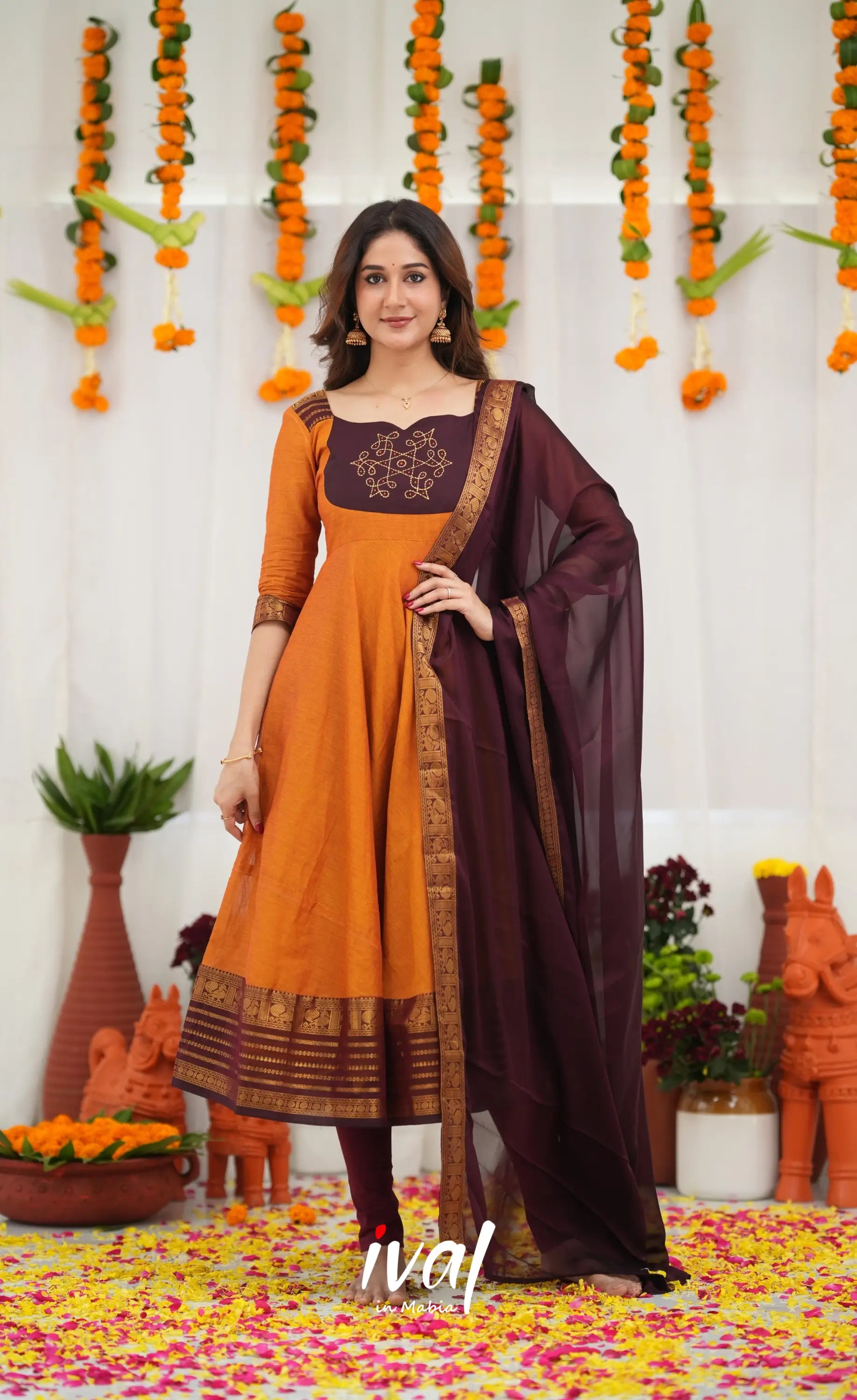 Chettinad Cotton Anarkali - Orange and Deep Wine Anarkalis