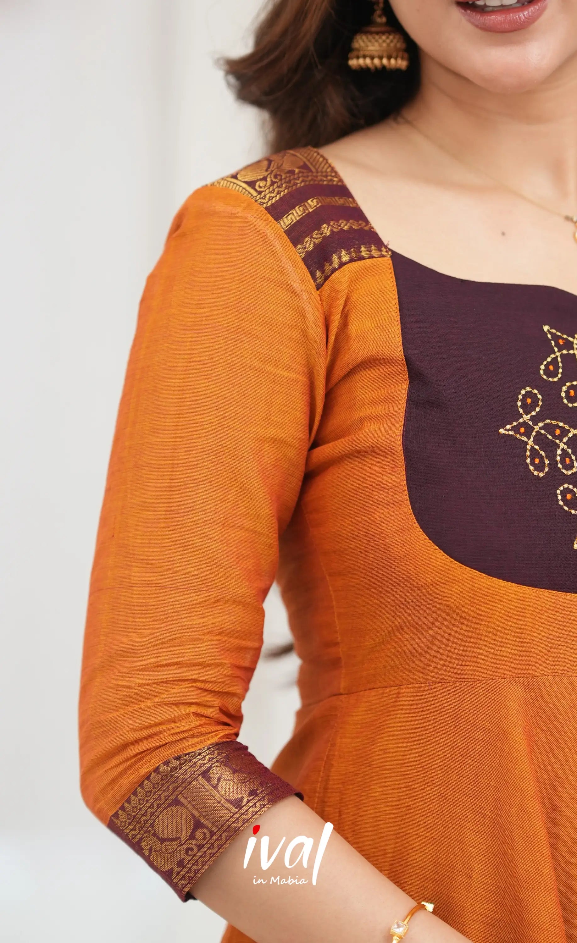 Chettinad Cotton Anarkali - Orange and Deep Wine Anarkalis