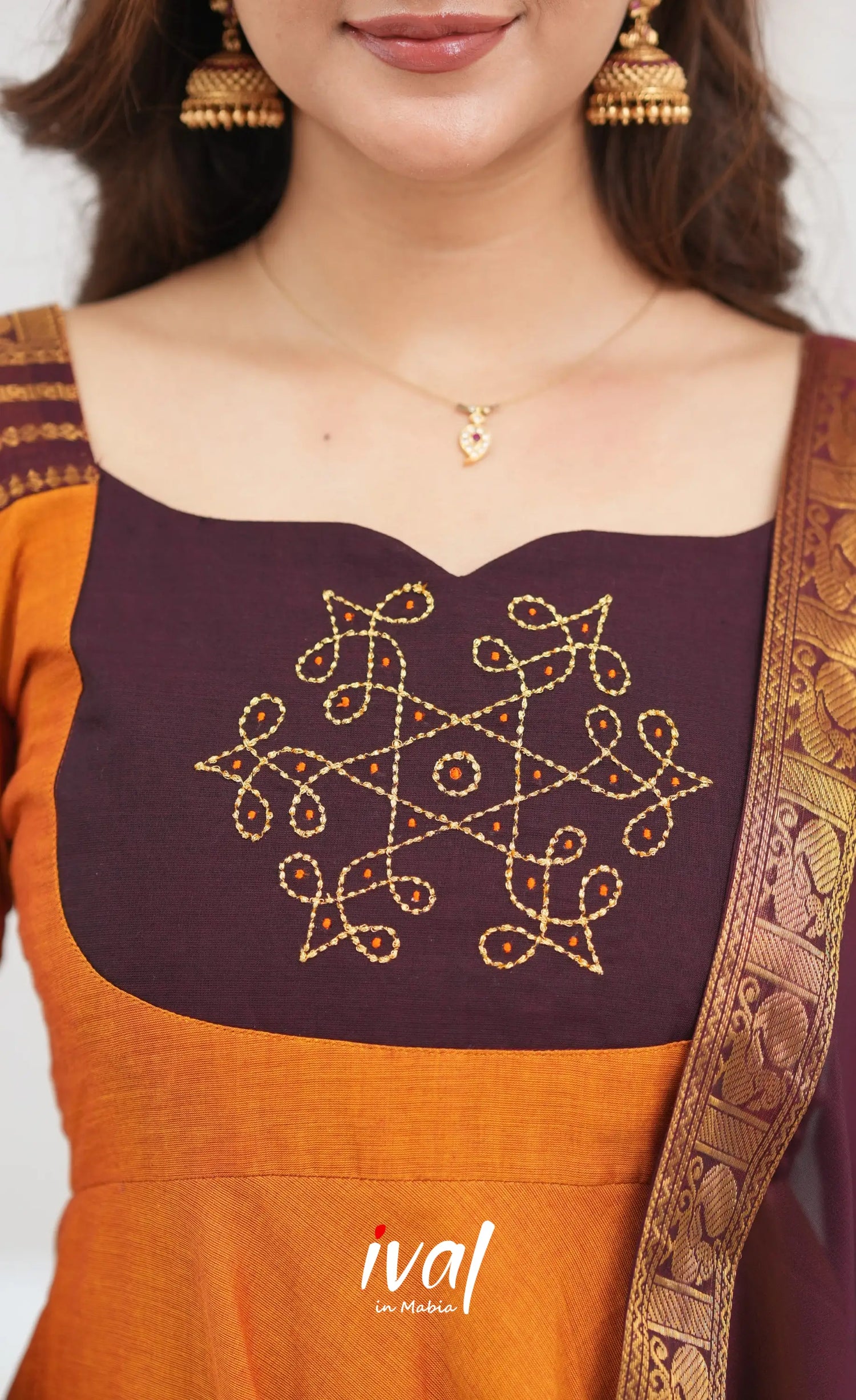 Chettinad Cotton Anarkali - Orange and Deep Wine Anarkalis