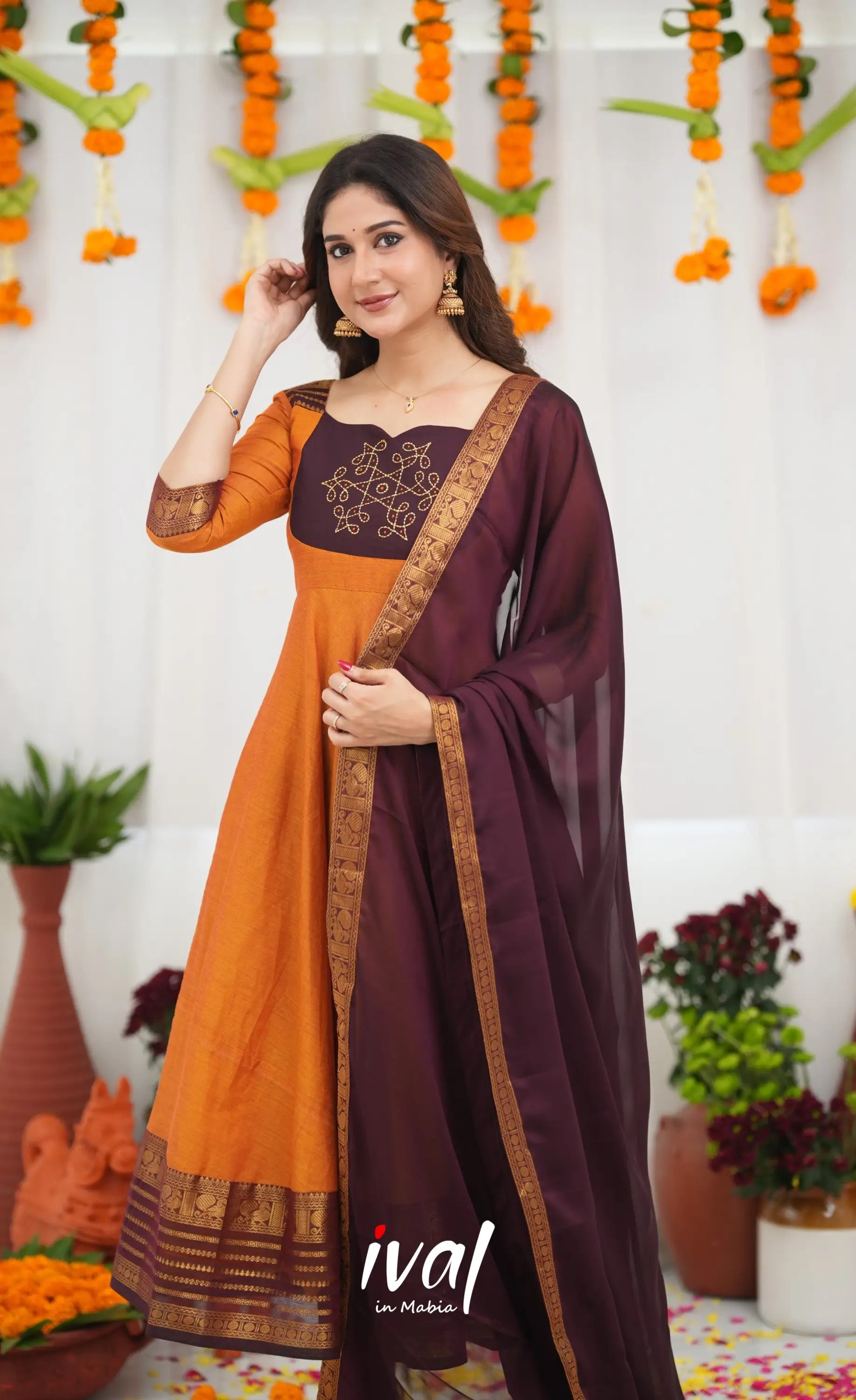 Chettinad Cotton Anarkali - Orange and Deep Wine Anarkalis