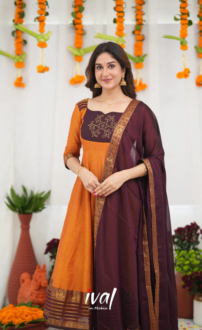 Chettinad Cotton Anarkali - Orange and Deep Wine Anarkalis