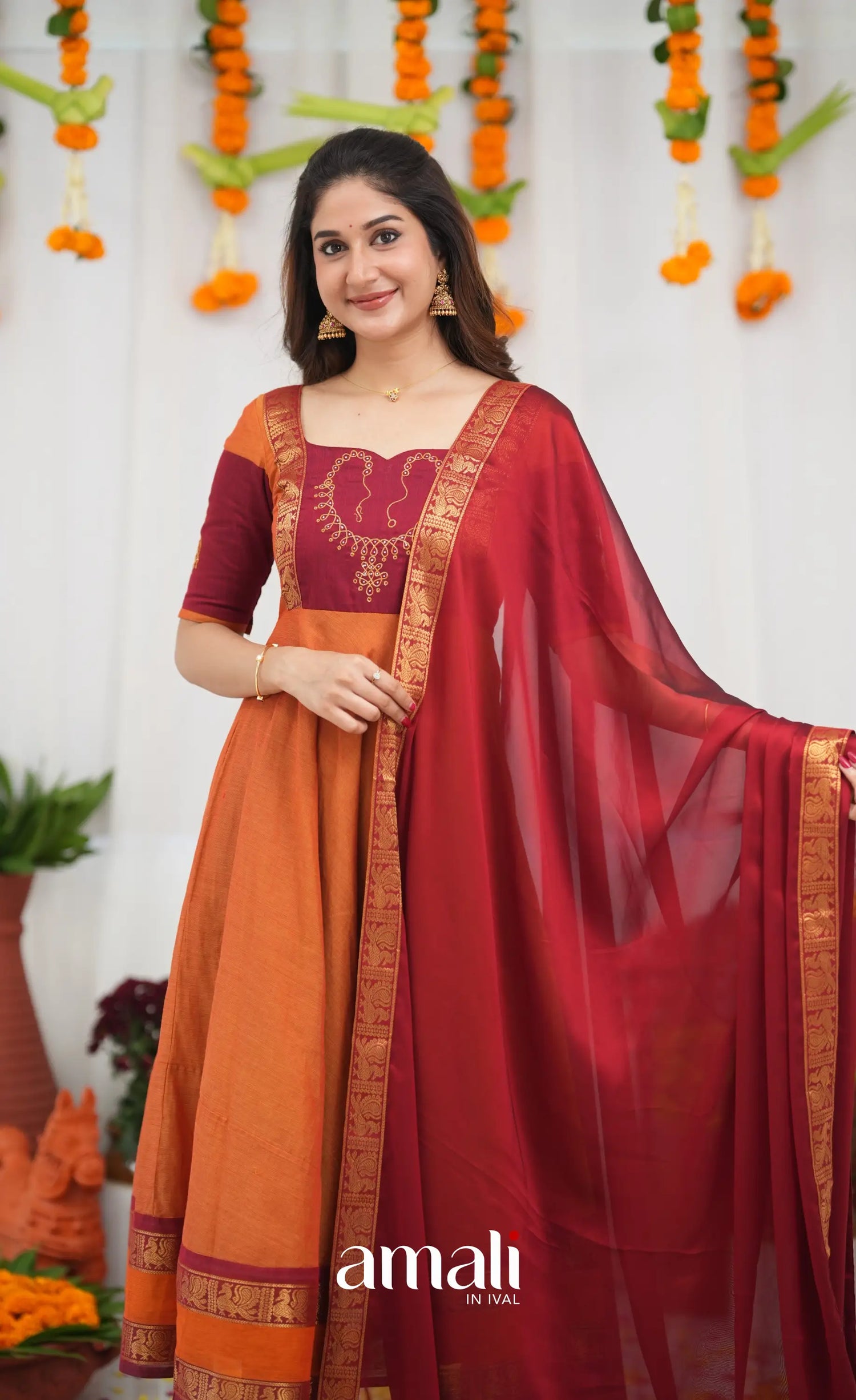 Chettinad Cotton Anarkali - Orange and Red Anarkalis
