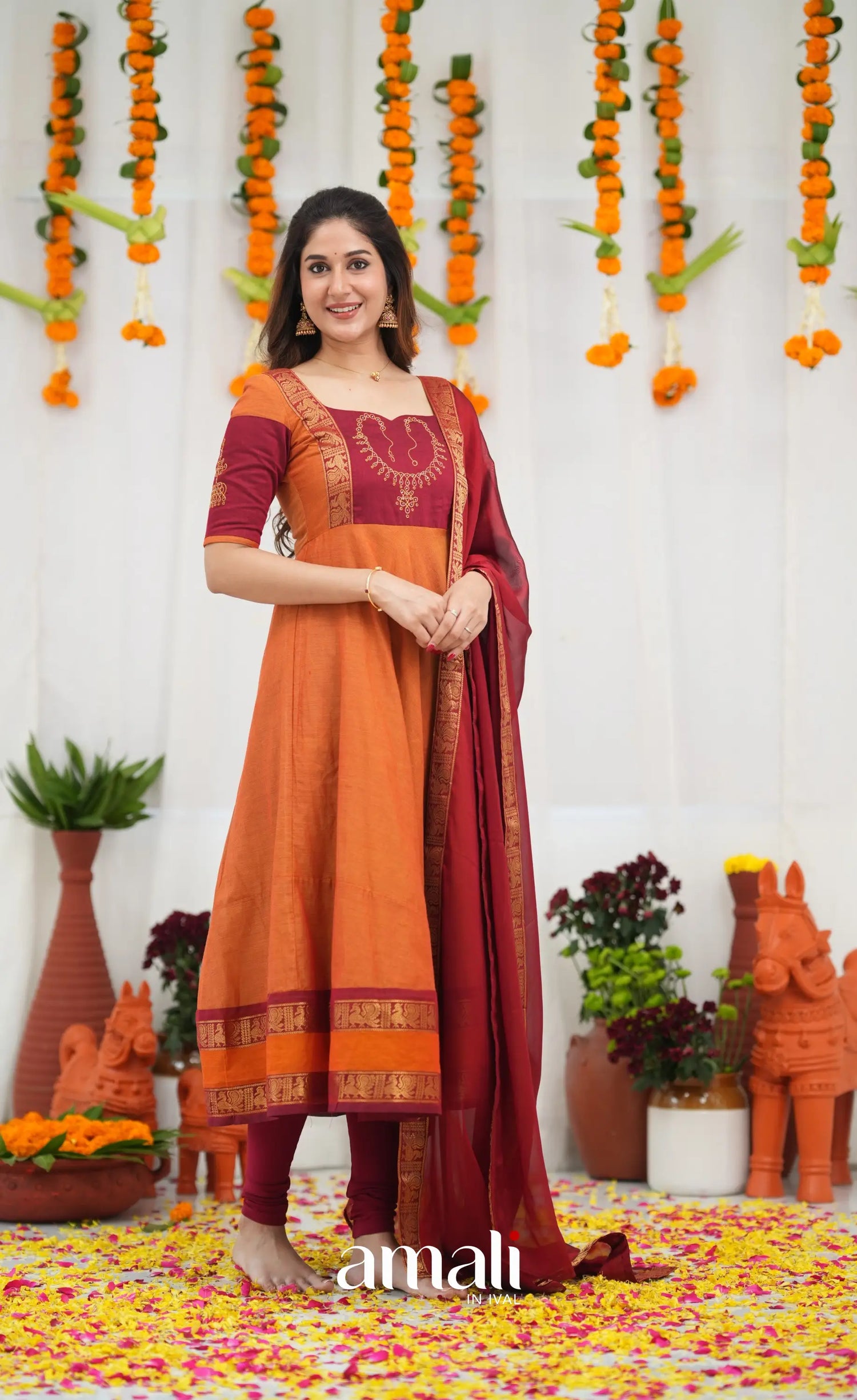 Chettinad Cotton Anarkali - Orange and Red Anarkalis