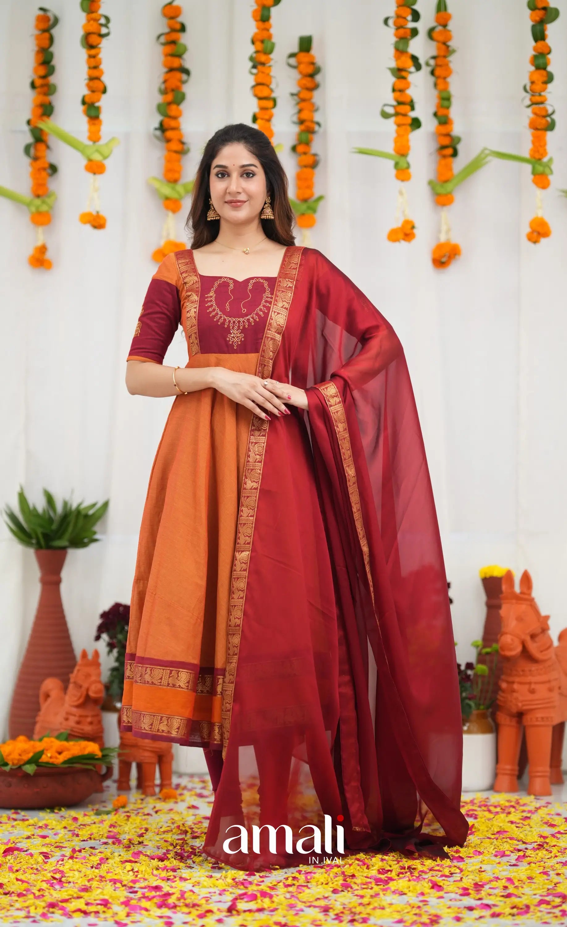 Chettinad Cotton Anarkali - Orange and Red Anarkalis
