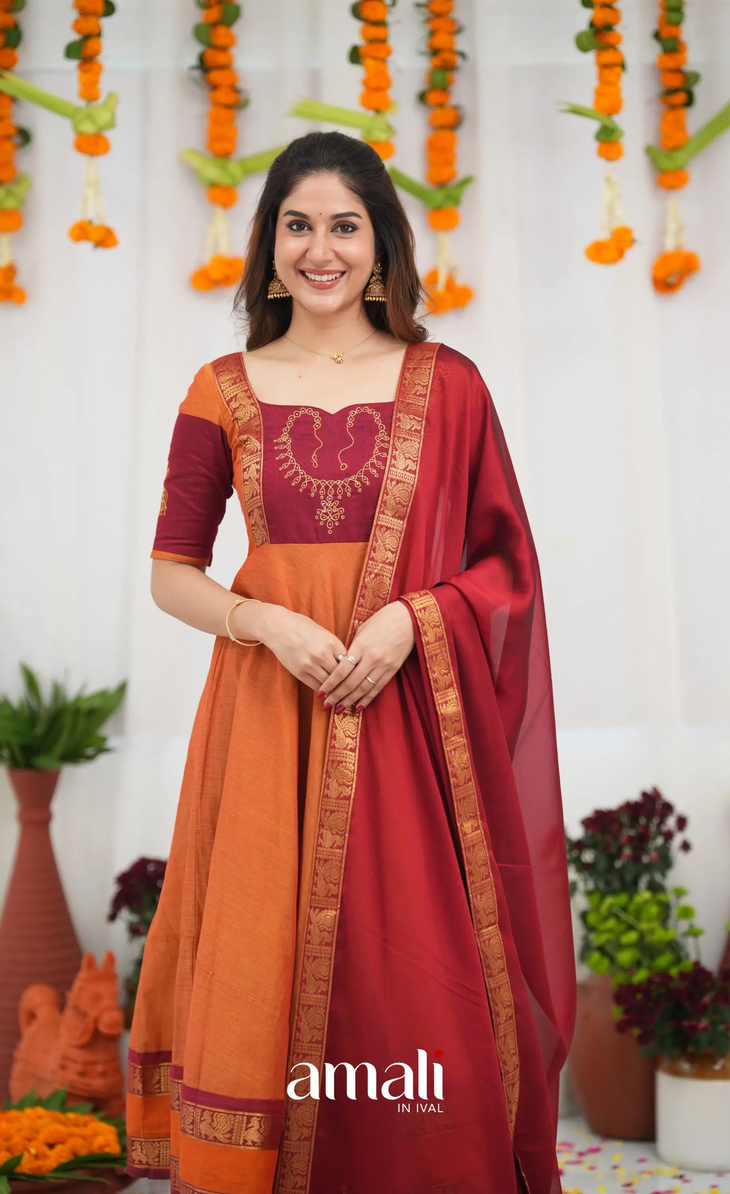 Chettinad Cotton Anarkali - Orange and Red Anarkalis