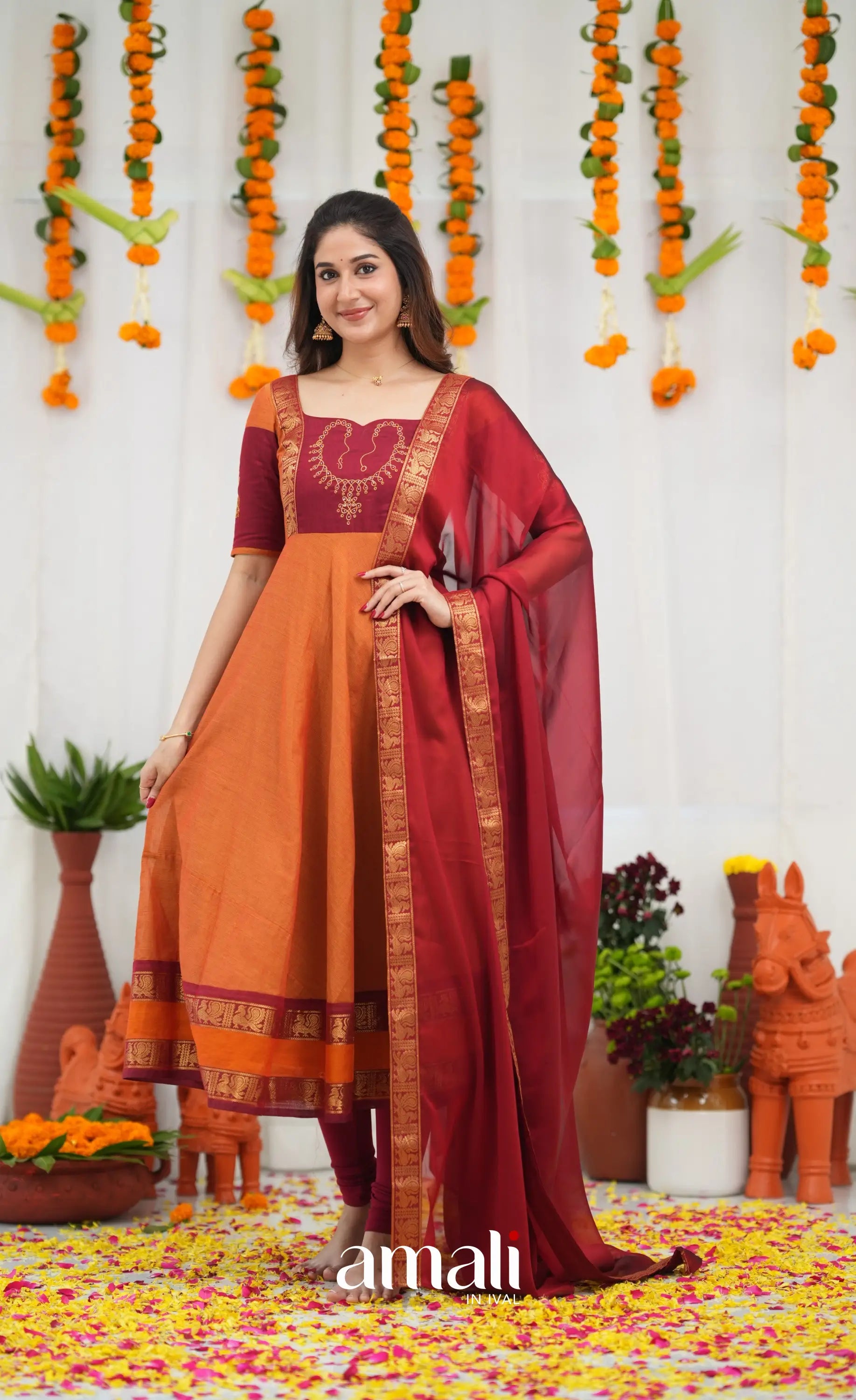 Chettinad Cotton Anarkali - Orange and Red Anarkalis