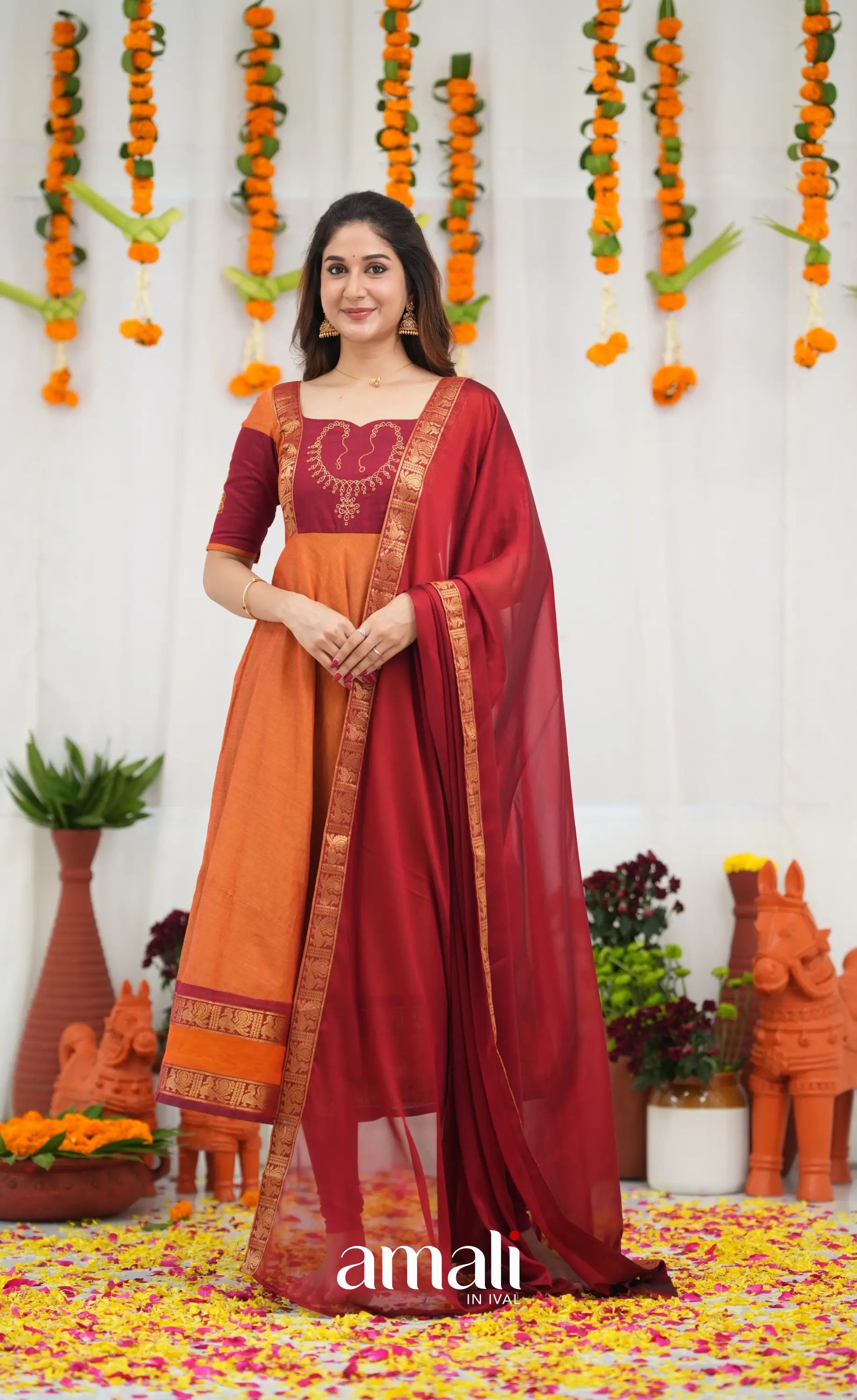 Chettinad Cotton Anarkali - Orange and Red Anarkalis