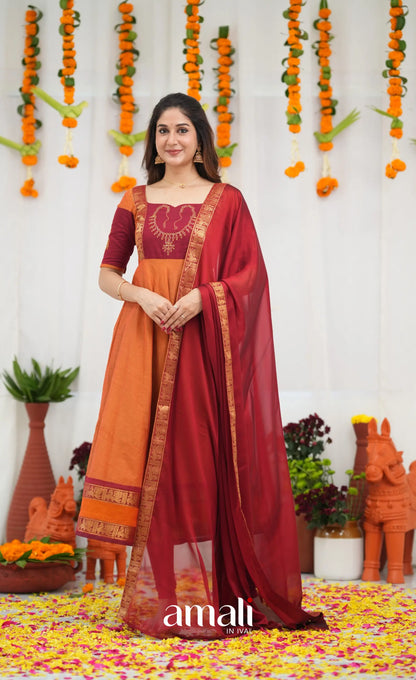 Chettinad Cotton Anarkali - Orange and Red Anarkalis