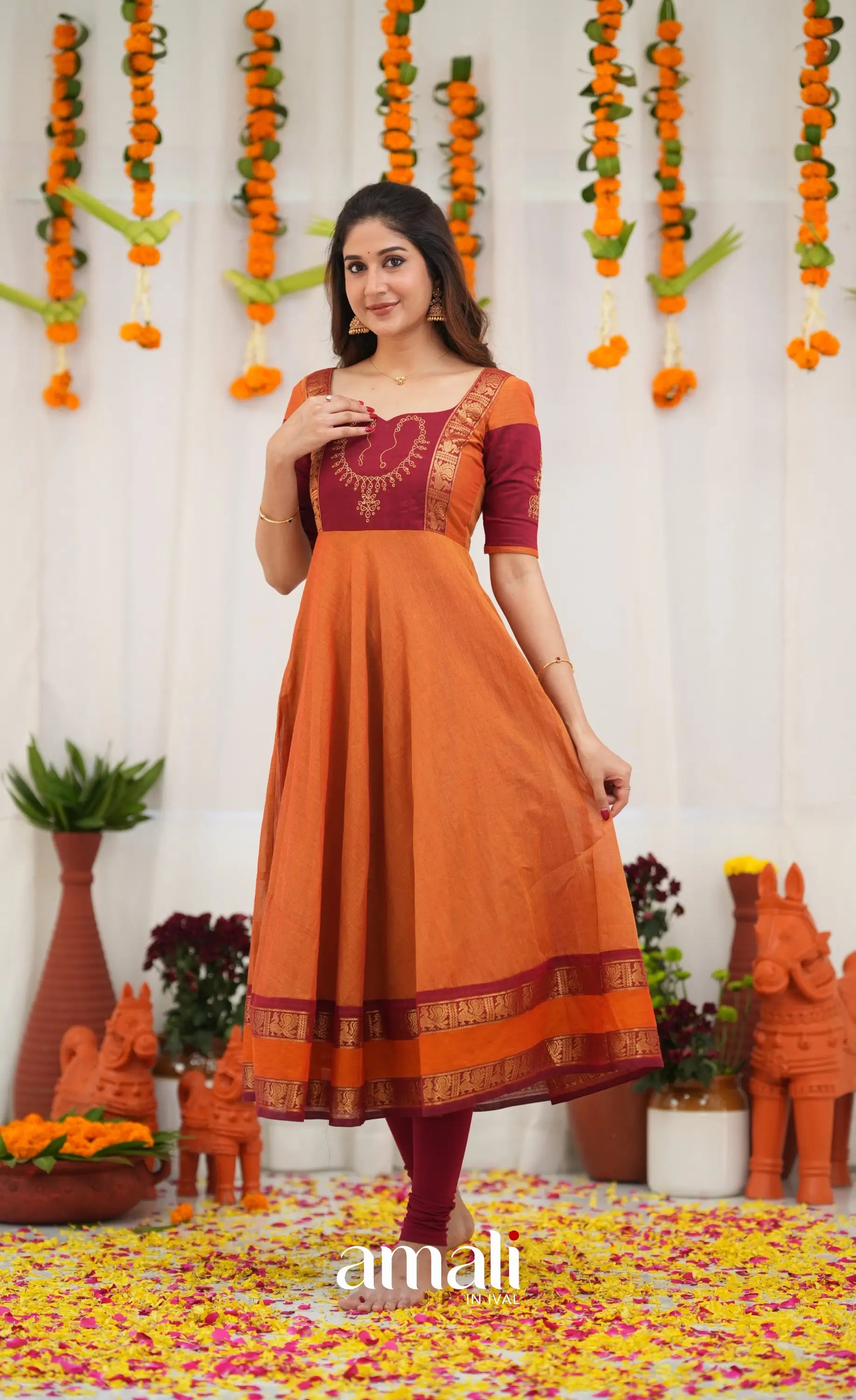 Chettinad Cotton Anarkali - Orange and Red Anarkalis