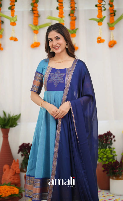 Chettinad Cotton Anarkali - Sky Blue and Dark Blue Anarkalis