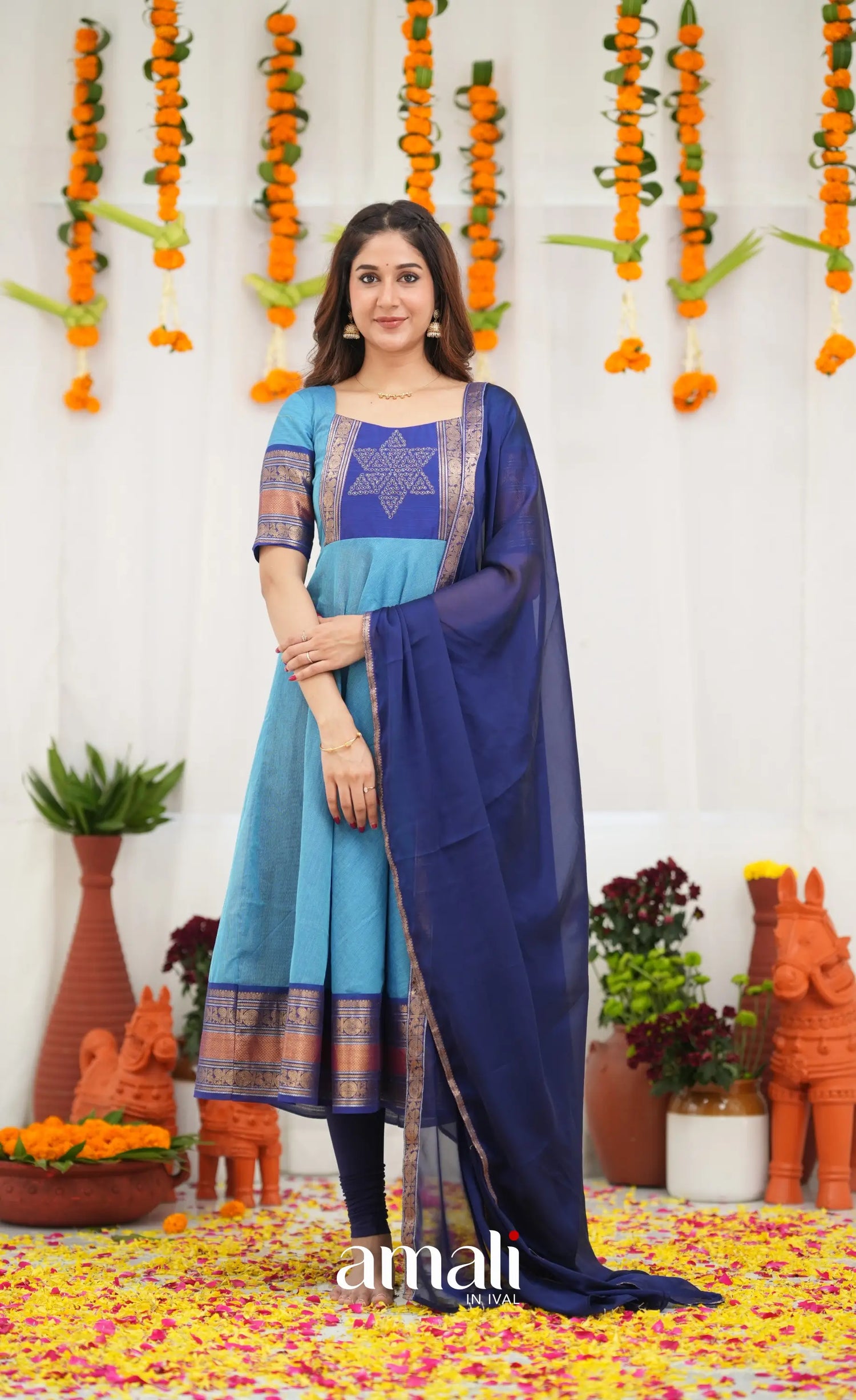 Chettinad Cotton Anarkali - Sky Blue and Dark Blue Anarkalis