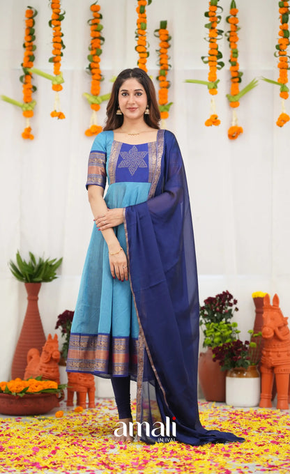 Chettinad Cotton Anarkali - Sky Blue and Dark Blue Anarkalis