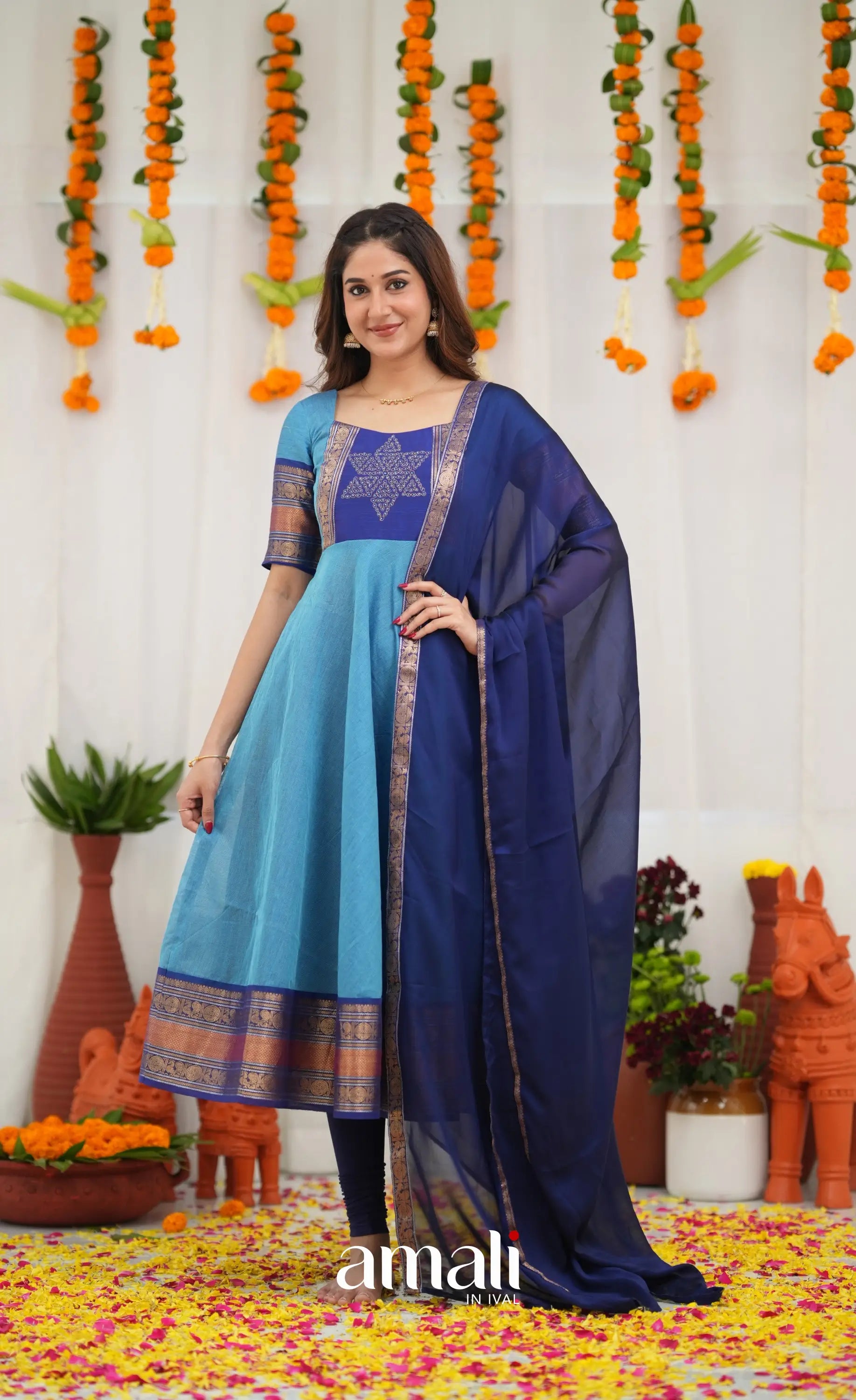 Chettinad Cotton Anarkali - Sky Blue and Dark Blue Anarkalis