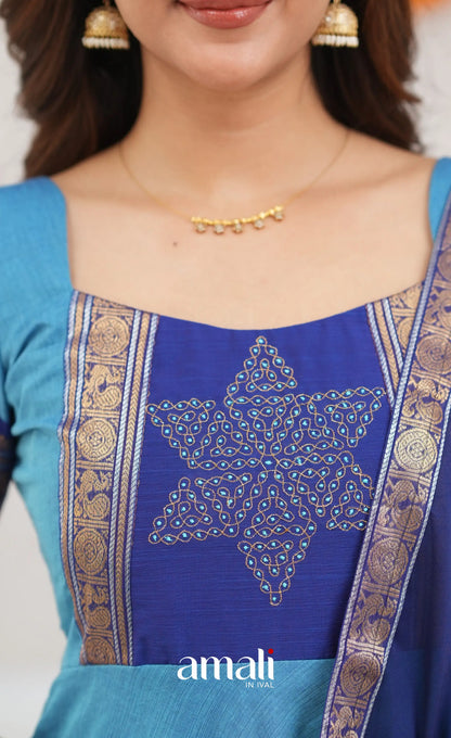 Chettinad Cotton Anarkali - Sky Blue and Dark Blue Anarkalis