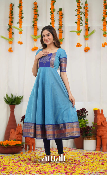 Chettinad Cotton Anarkali - Sky Blue and Dark Blue Anarkalis