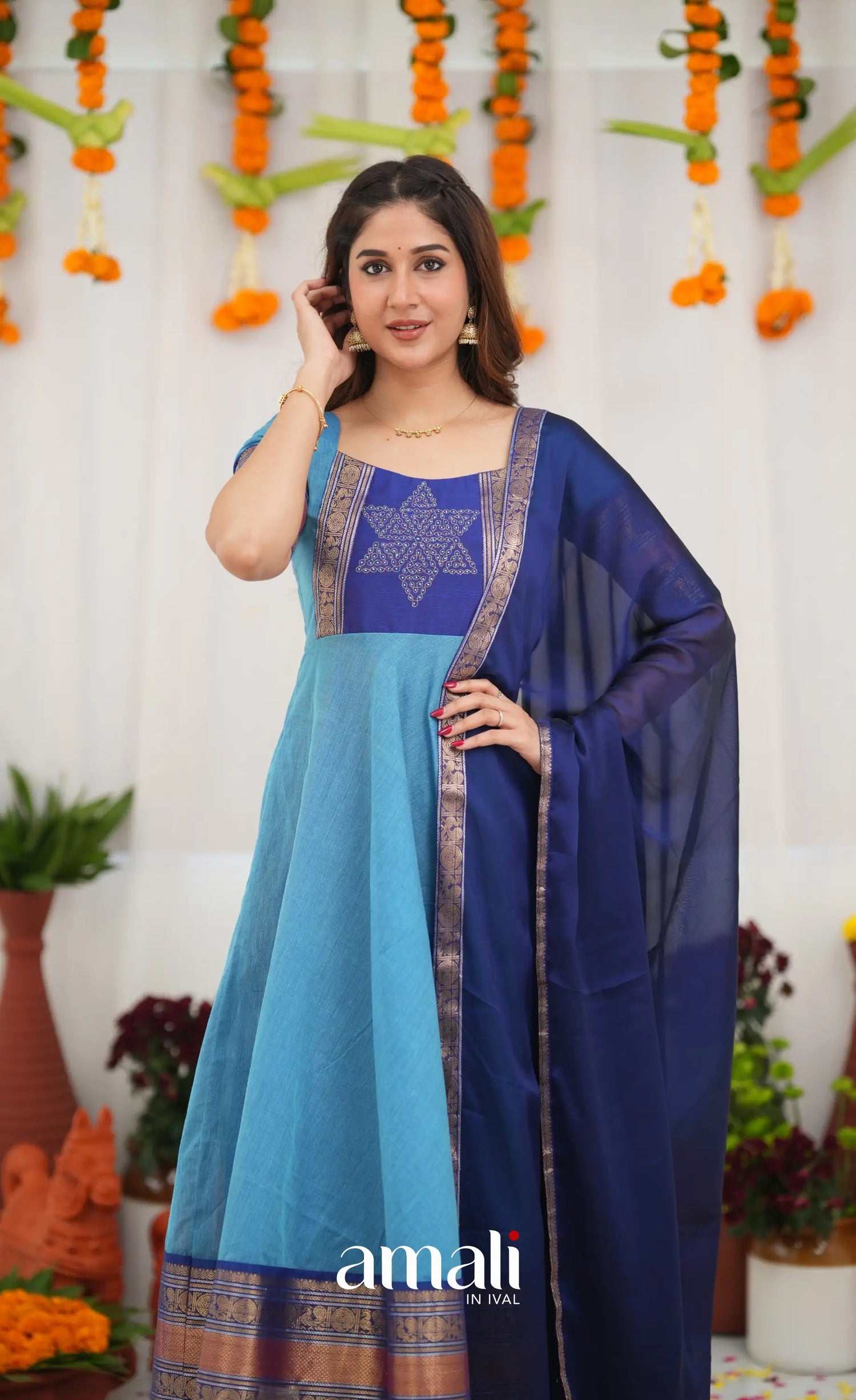Chettinad Cotton Anarkali - Sky Blue and Dark Blue Anarkalis