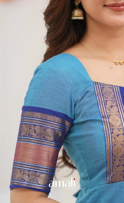 Chettinad Cotton Anarkali - Sky Blue and Dark Blue Anarkalis