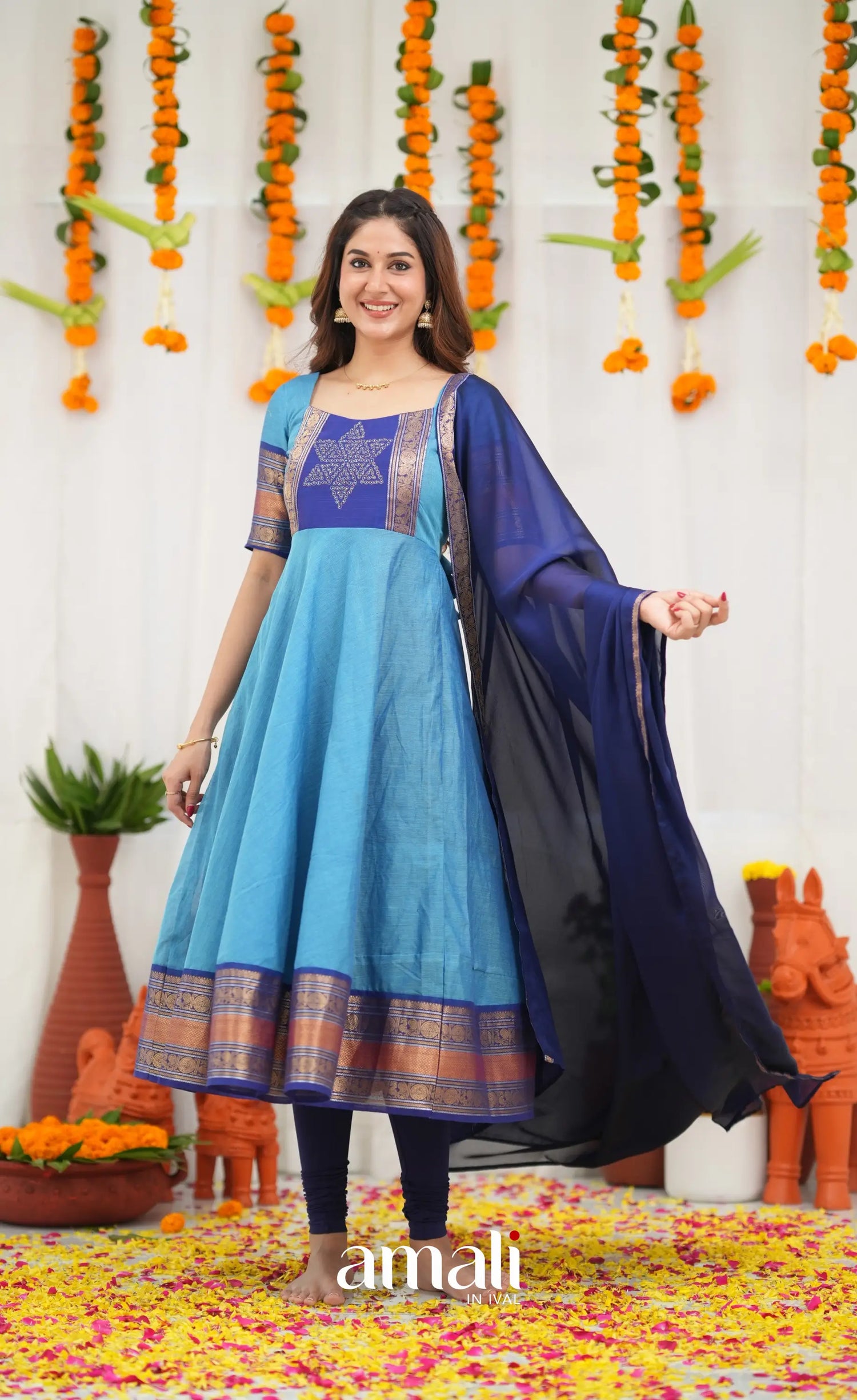 Chettinad Cotton Anarkali - Sky Blue and Dark Blue Anarkalis