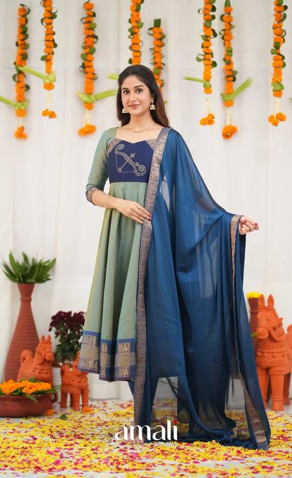 Chettinad Cotton Anarkali - Two Tone Sea Blue and Blue Anarkalis