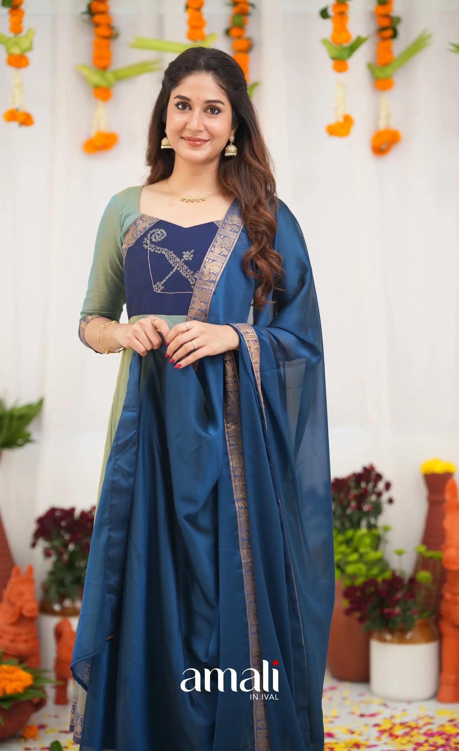 Chettinad Cotton Anarkali - Two Tone Sea Blue and Blue Anarkalis