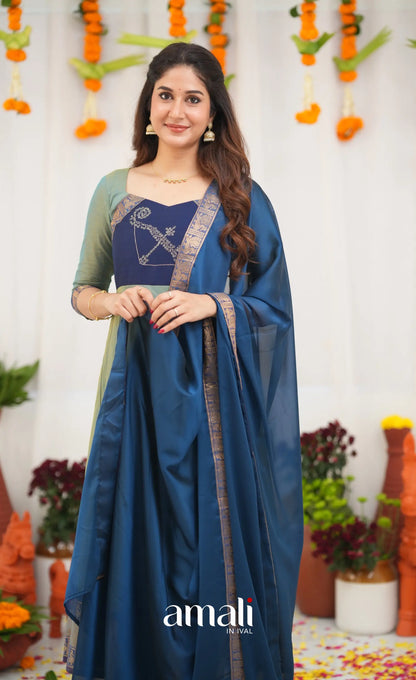 Chettinad Cotton Anarkali - Two Tone Sea Blue and Blue Anarkalis
