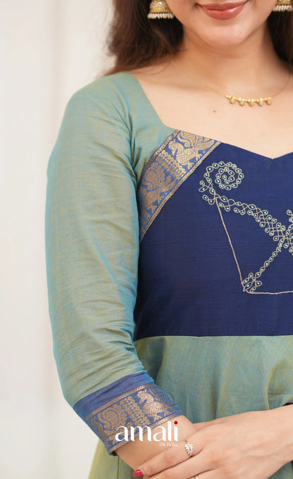 Chettinad Cotton Anarkali - Two Tone Sea Blue and Blue Anarkalis