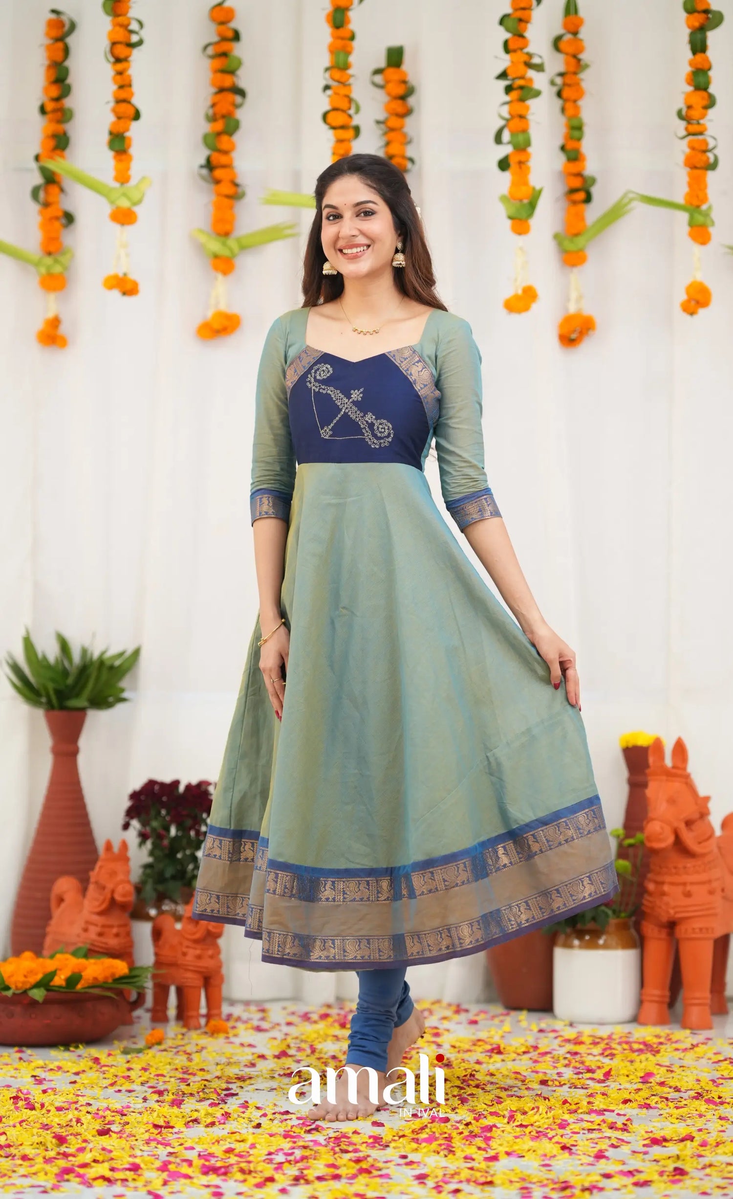 Chettinad Cotton Anarkali - Two Tone Sea Blue and Blue Anarkalis