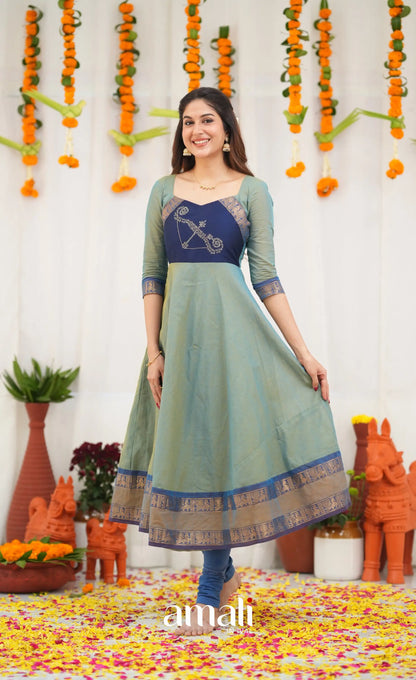 Chettinad Cotton Anarkali - Two Tone Sea Blue and Blue Anarkalis