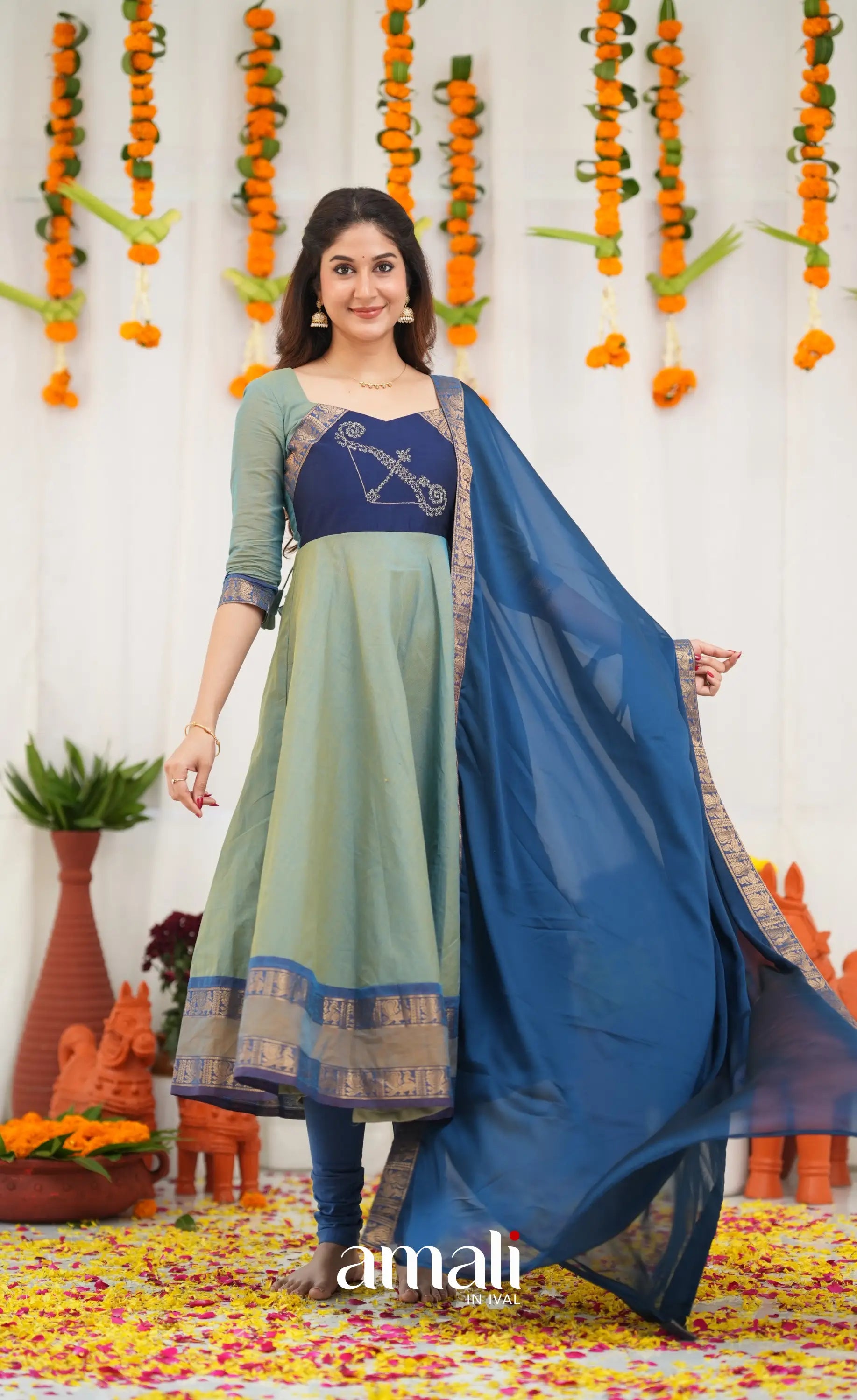 Chettinad Cotton Anarkali - Two Tone Sea Blue and Blue Anarkalis