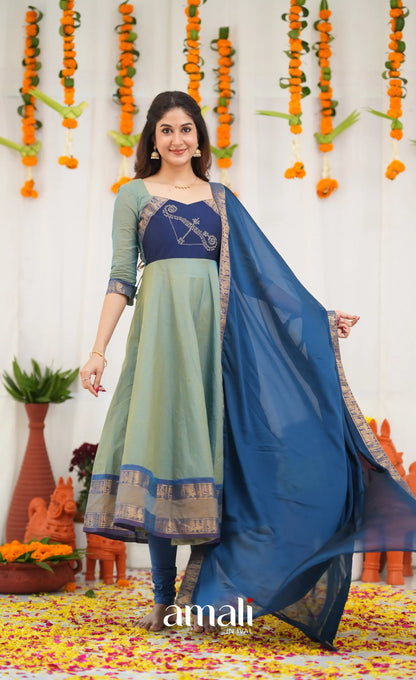 Chettinad Cotton Anarkali - Two Tone Sea Blue and Blue Anarkalis