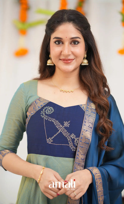 Chettinad Cotton Anarkali - Two Tone Sea Blue and Blue Anarkalis