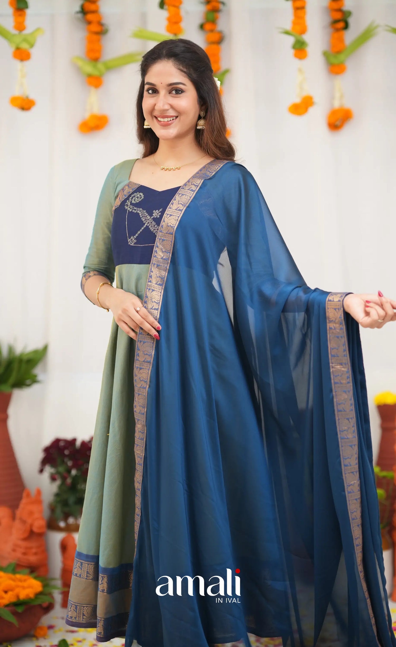 Chettinad Cotton Anarkali - Two Tone Sea Blue and Blue Anarkalis