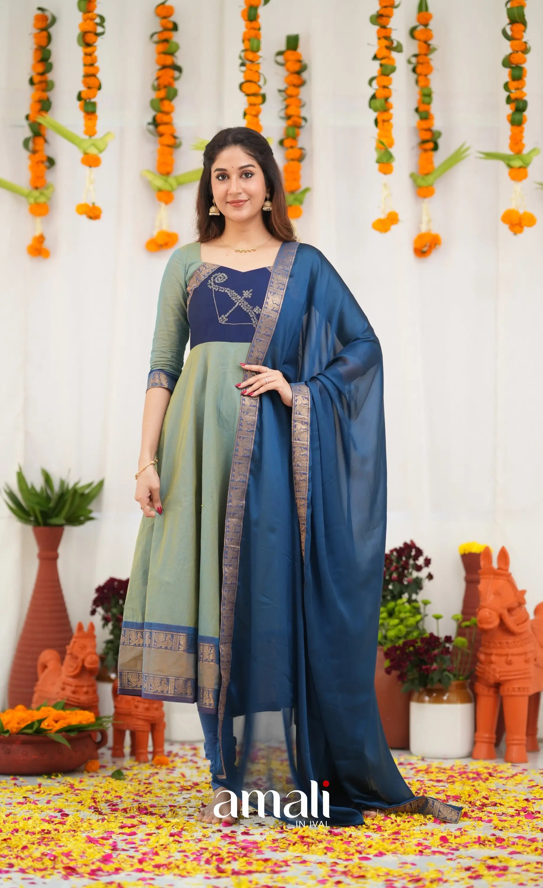 Chettinad Cotton Anarkali - Two Tone Sea Blue and Blue Anarkalis