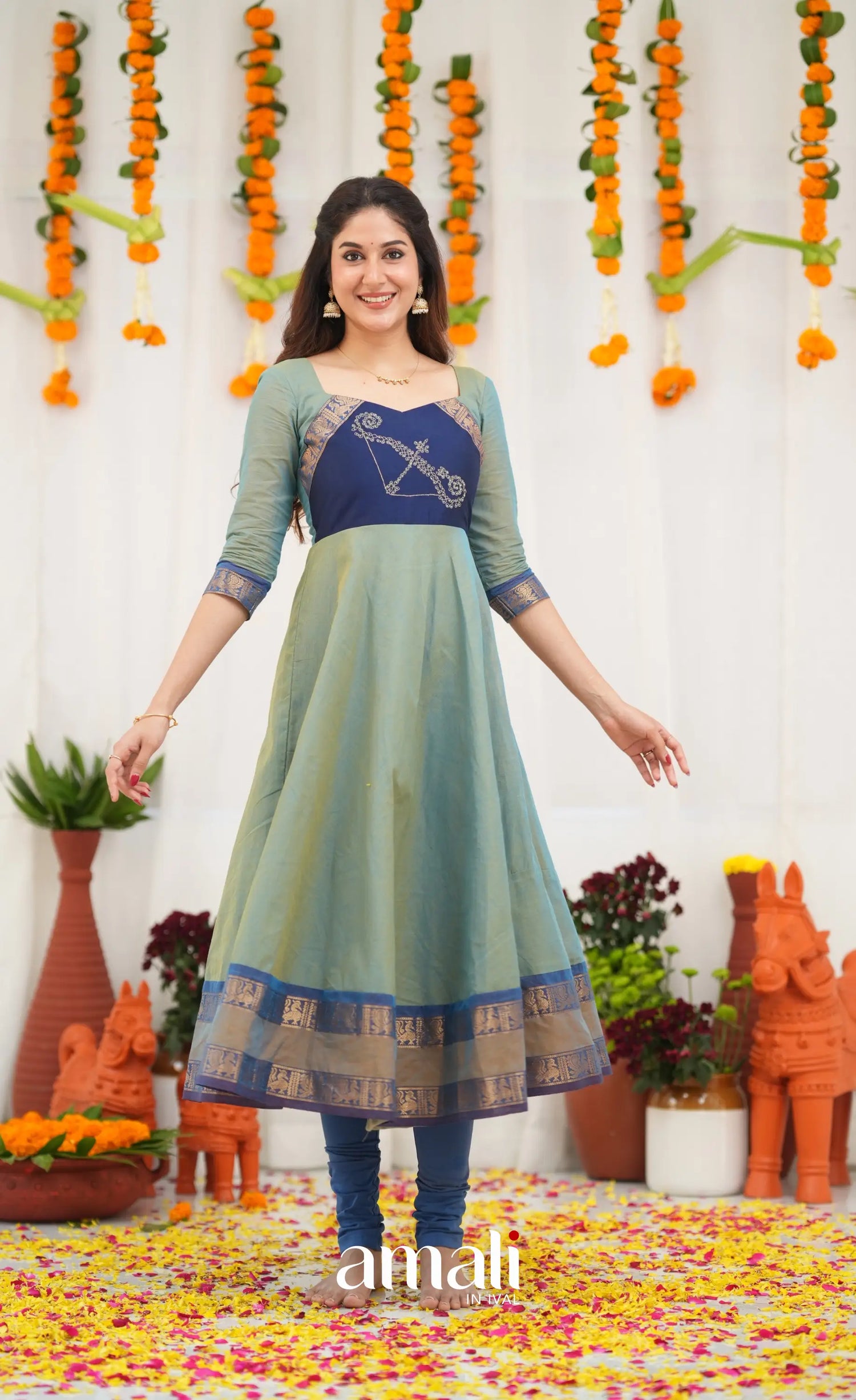 Chettinad Cotton Anarkali - Two Tone Sea Blue and Blue Anarkalis