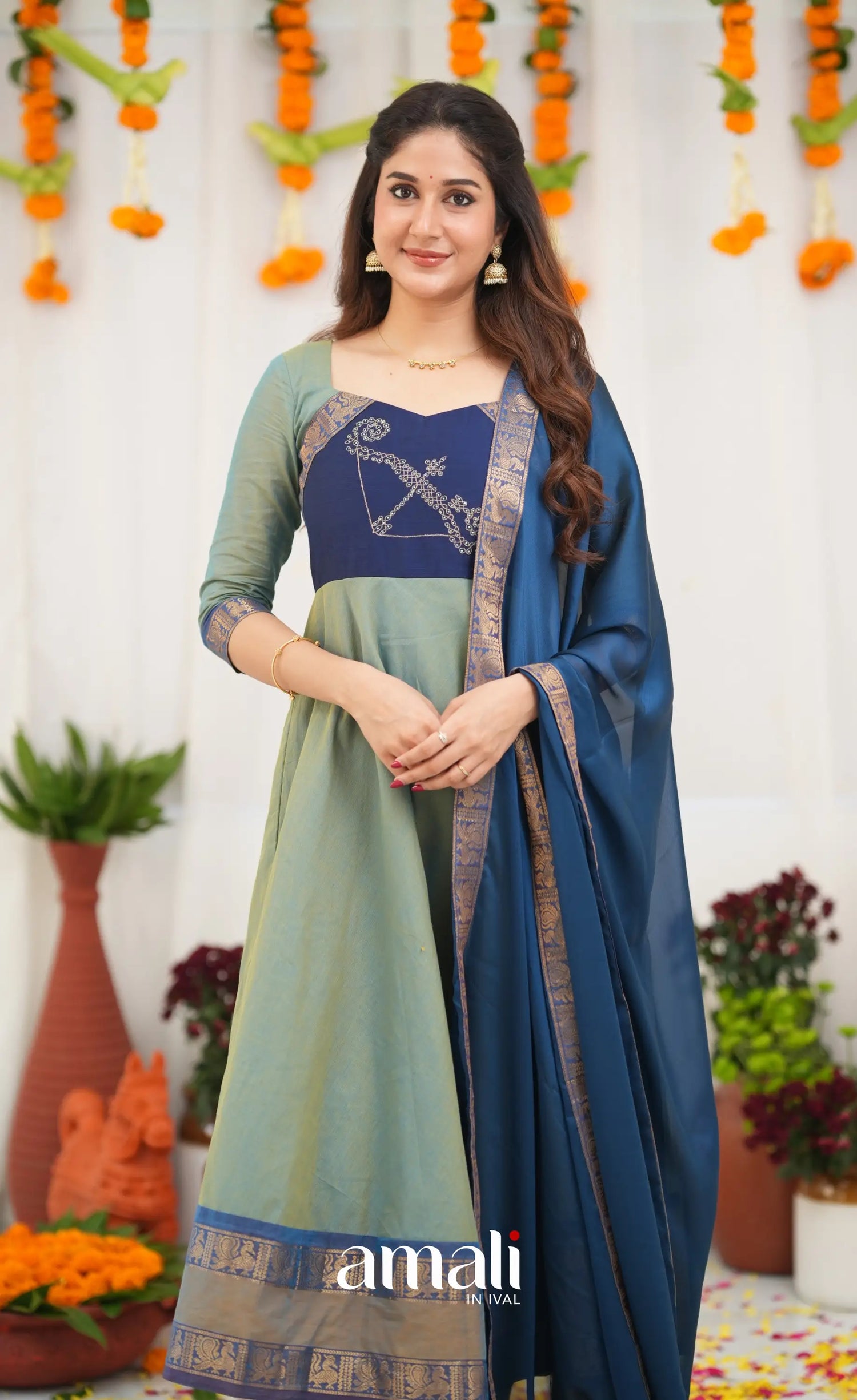 Chettinad Cotton Anarkali - Two Tone Sea Blue and Blue Anarkalis