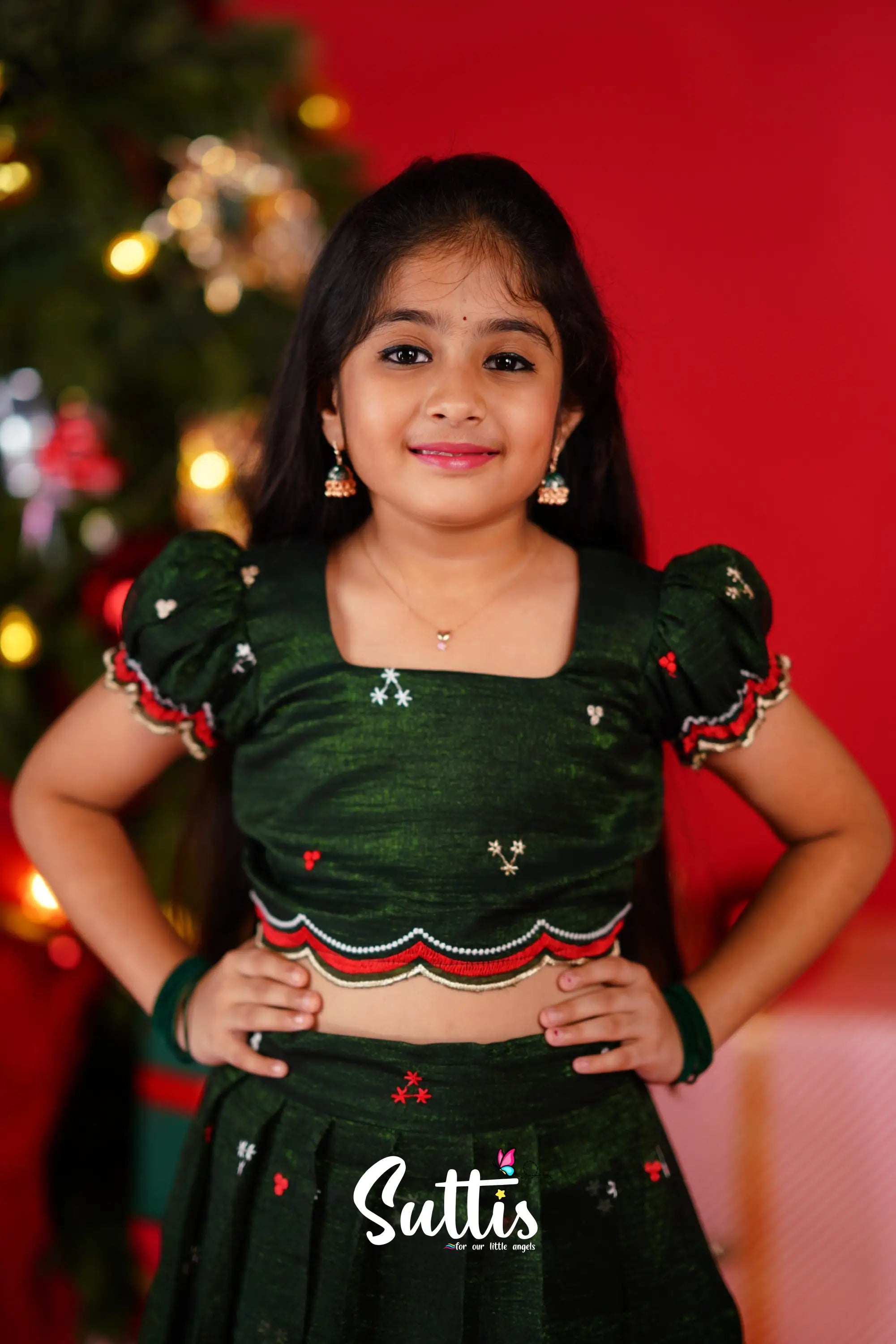 Christmas Croptop &amp; Skirt - Dark Green Kids-Suttis