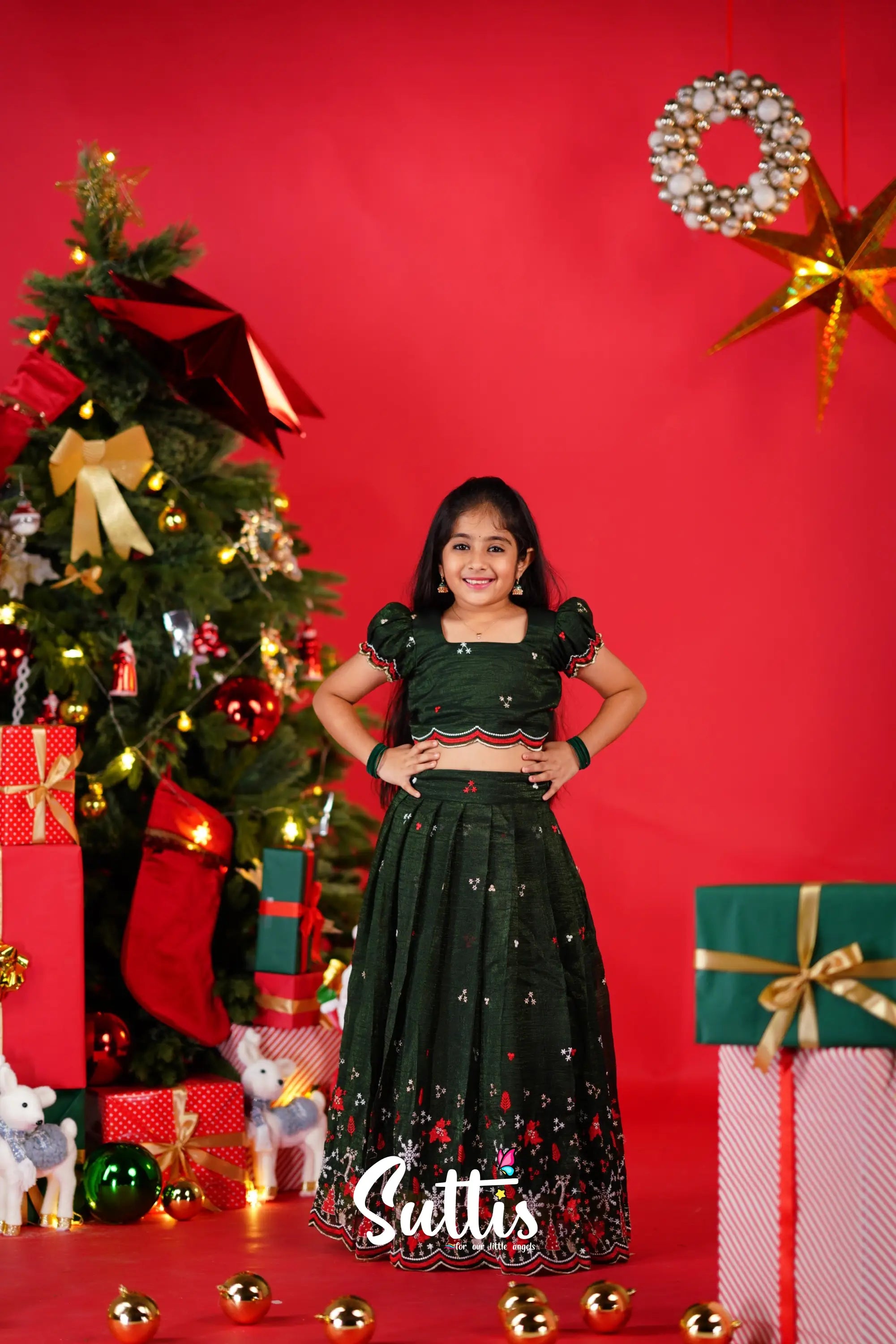 Christmas Croptop &amp; Skirt - Dark Green Kids-Suttis