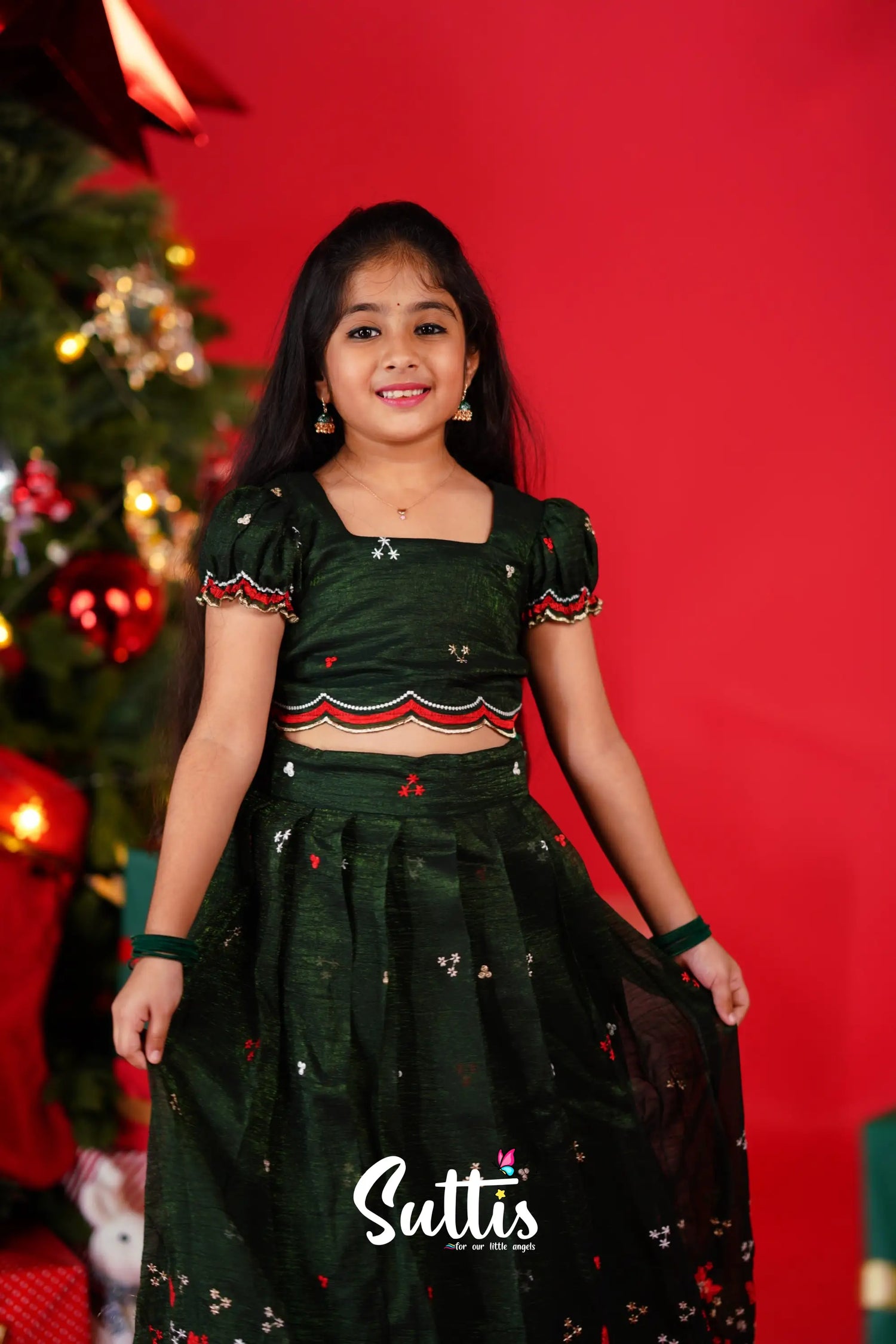 Christmas Croptop &amp; Skirt - Dark Green Kids-Suttis