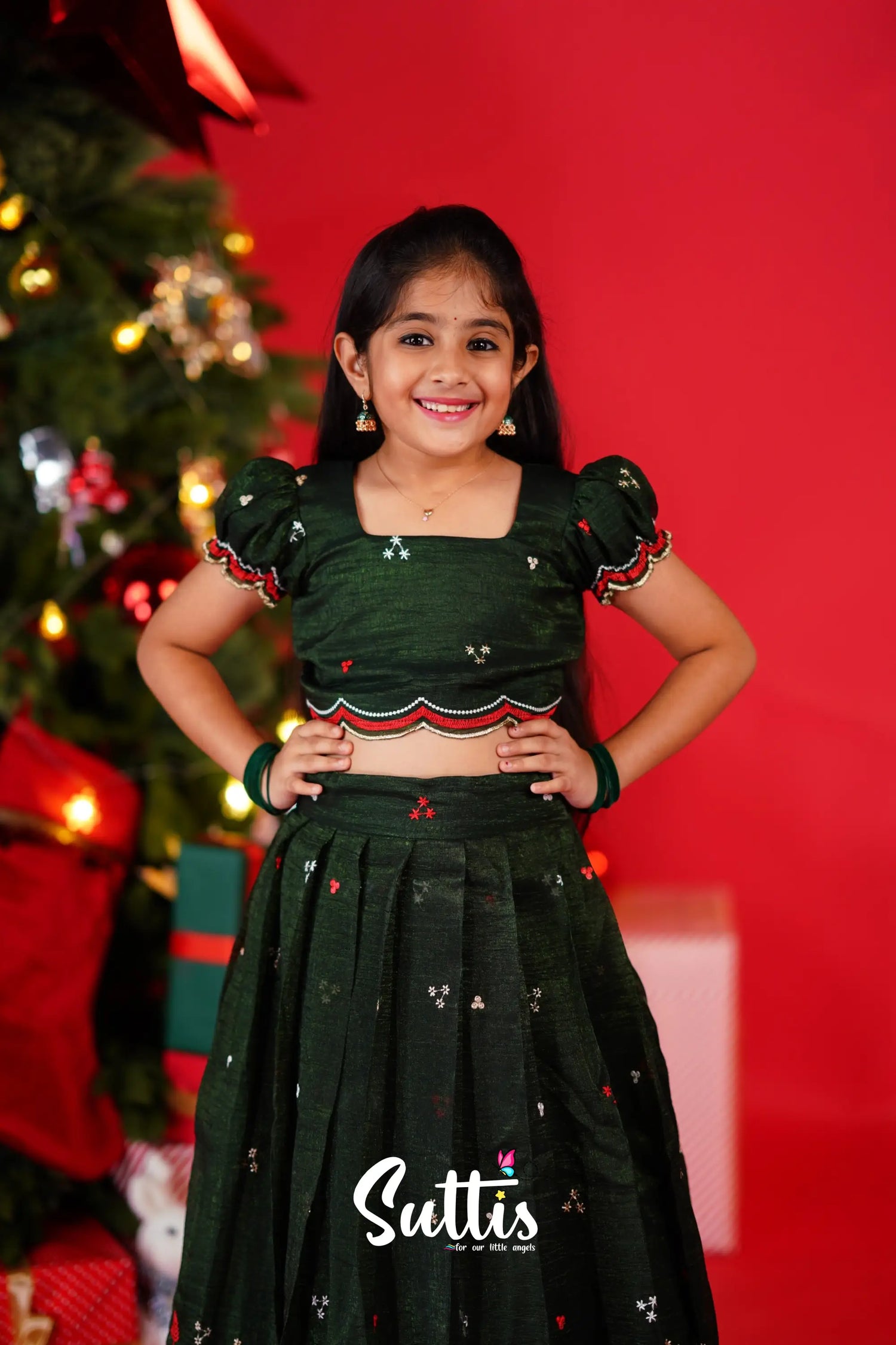 Christmas Croptop &amp; Skirt - Dark Green Kids-Suttis