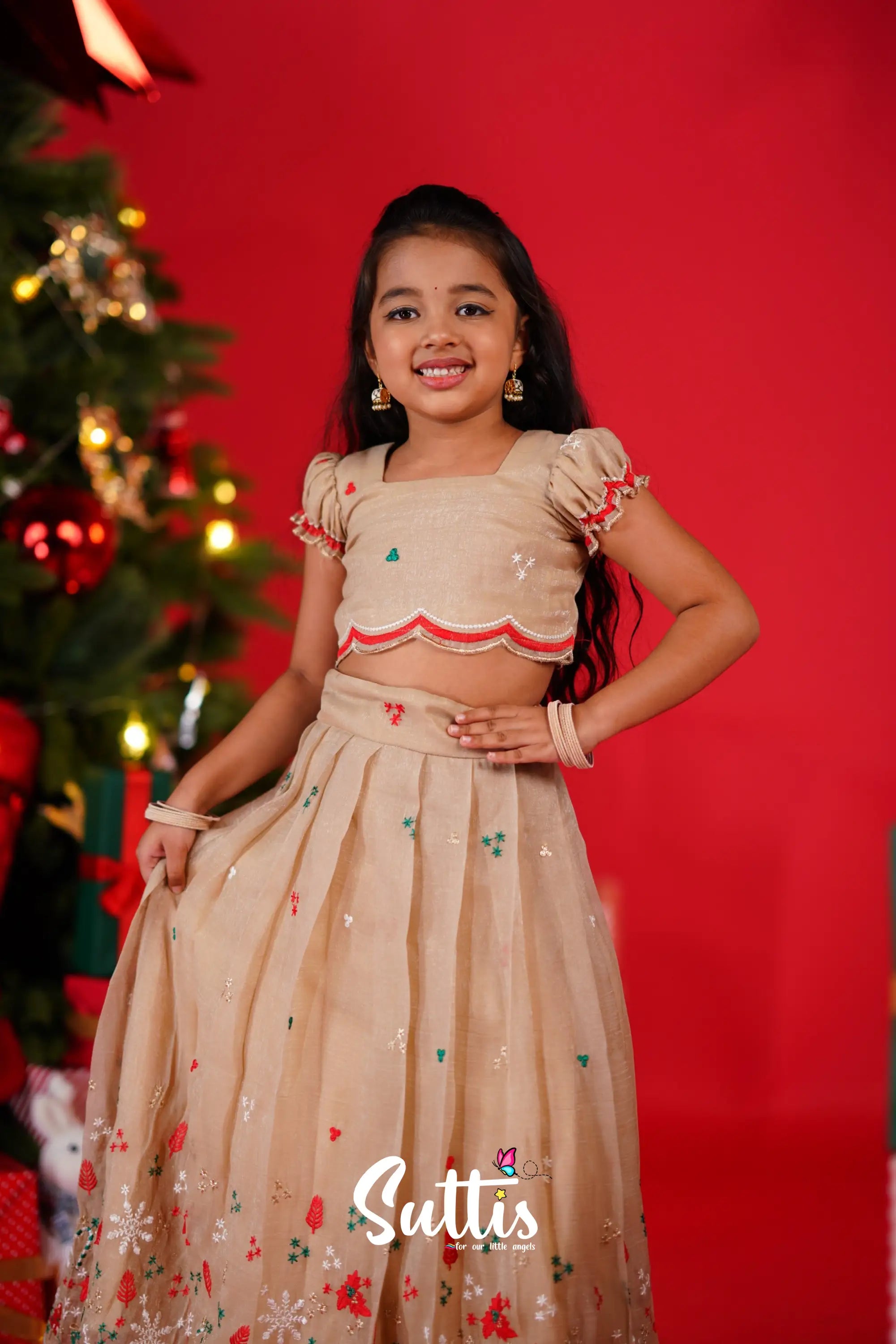 Christmas Croptop &amp; Skirt - Light Cream Kids-Suttis