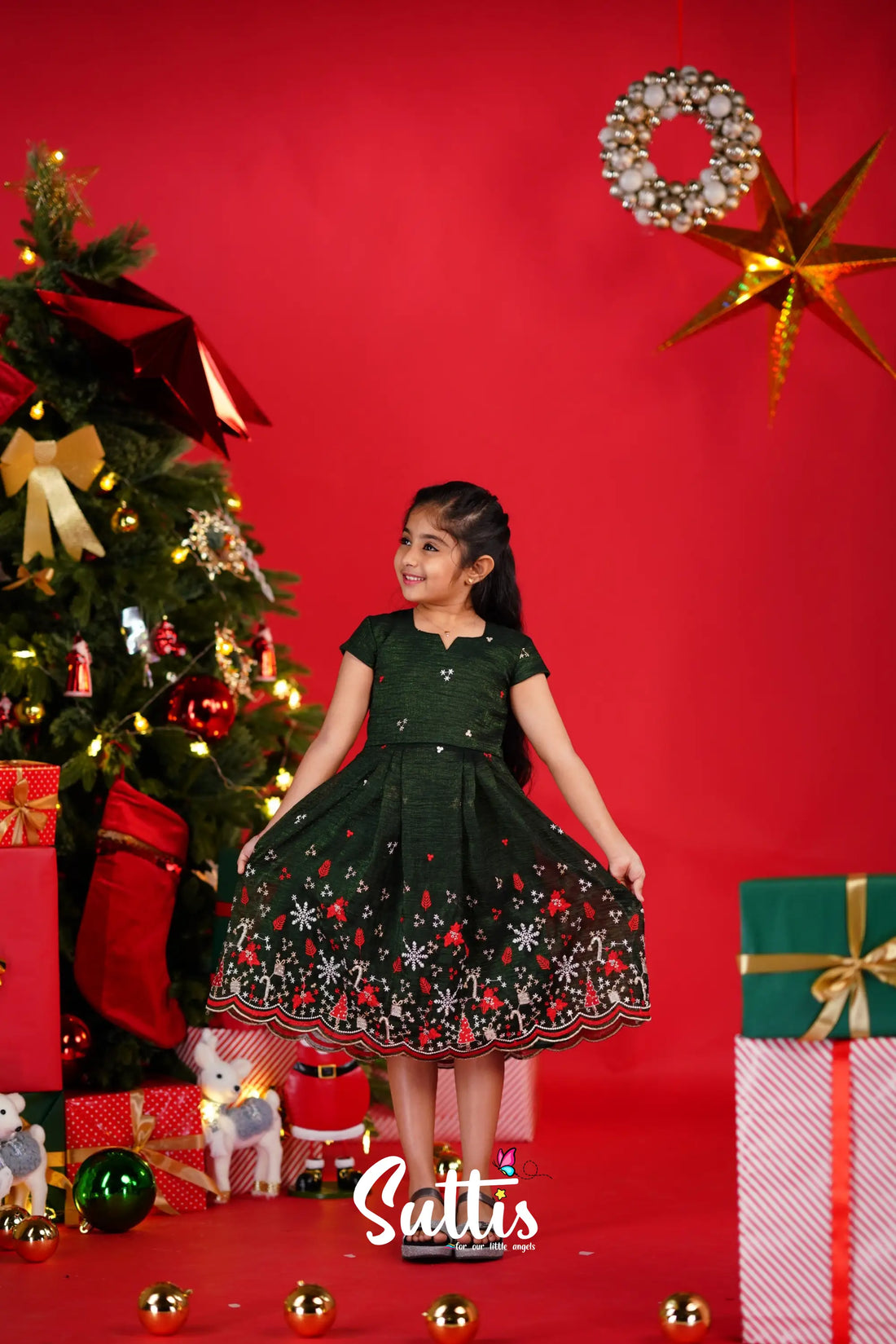 Christmas Frock - Dark Green Kids-Suttis