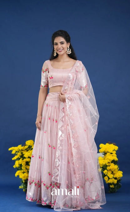 Coral Baby Pink Net Lehenga crop top and skirts